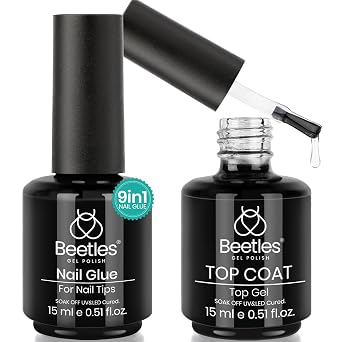 Beetles 9 in 1 Gel Nail Glue and No Wipe Top Coat Set, 2pcs 15ml UV Nail Glue for Nail Tips Acrylic Nails Clear Press On Nails, Strong Nail Extension Gel, Soak Off, Long Lasting Shine