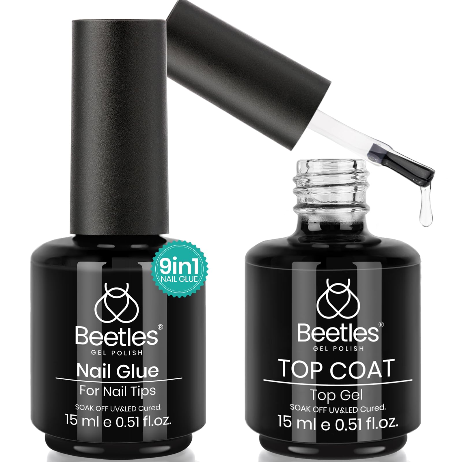 Beetles Gel Polish 5 in 1 Nail Glue and No Wipe Top Coat Kit 2PCS 15ML for Easy Nail Extension, Soak Off LED Gel Shine Finish and Long Lasting