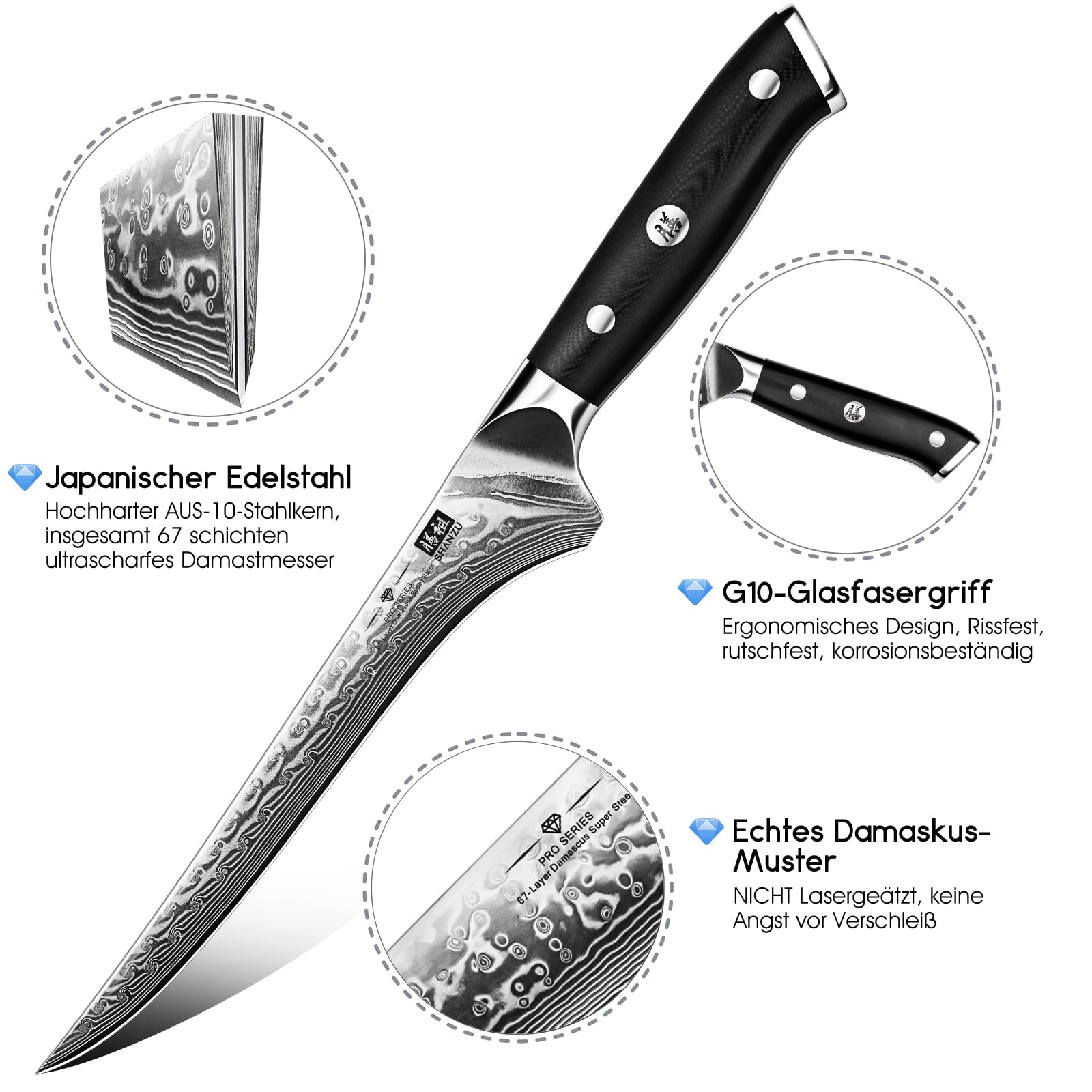 SHAN ZU Damast Filetiermesser 18cm Ausbeinmesser | 67 Lagen Japanischem Damaststahl, Scharfes Fischmesser mit Ergonomischem G10-Griff - PRO Series