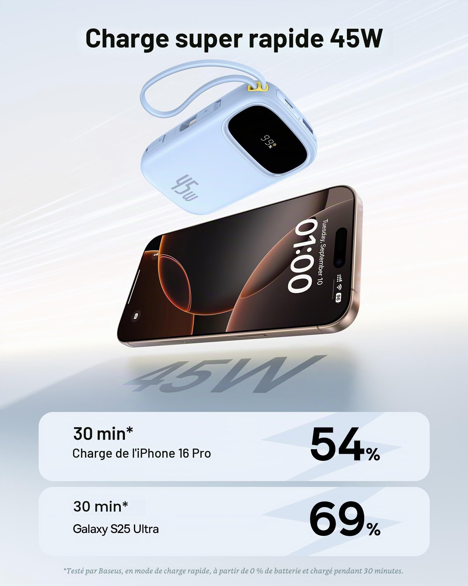 Baseus QPow3 Powerbank 45 W 20 000 mAh avec 2 câbles USB-C intégrés, batteries externes PD3.0 QC4.0, 3 C 1 A, Power Bank pour iPhone 16/15/14 Pro Max, iPad, Samsung, bleu