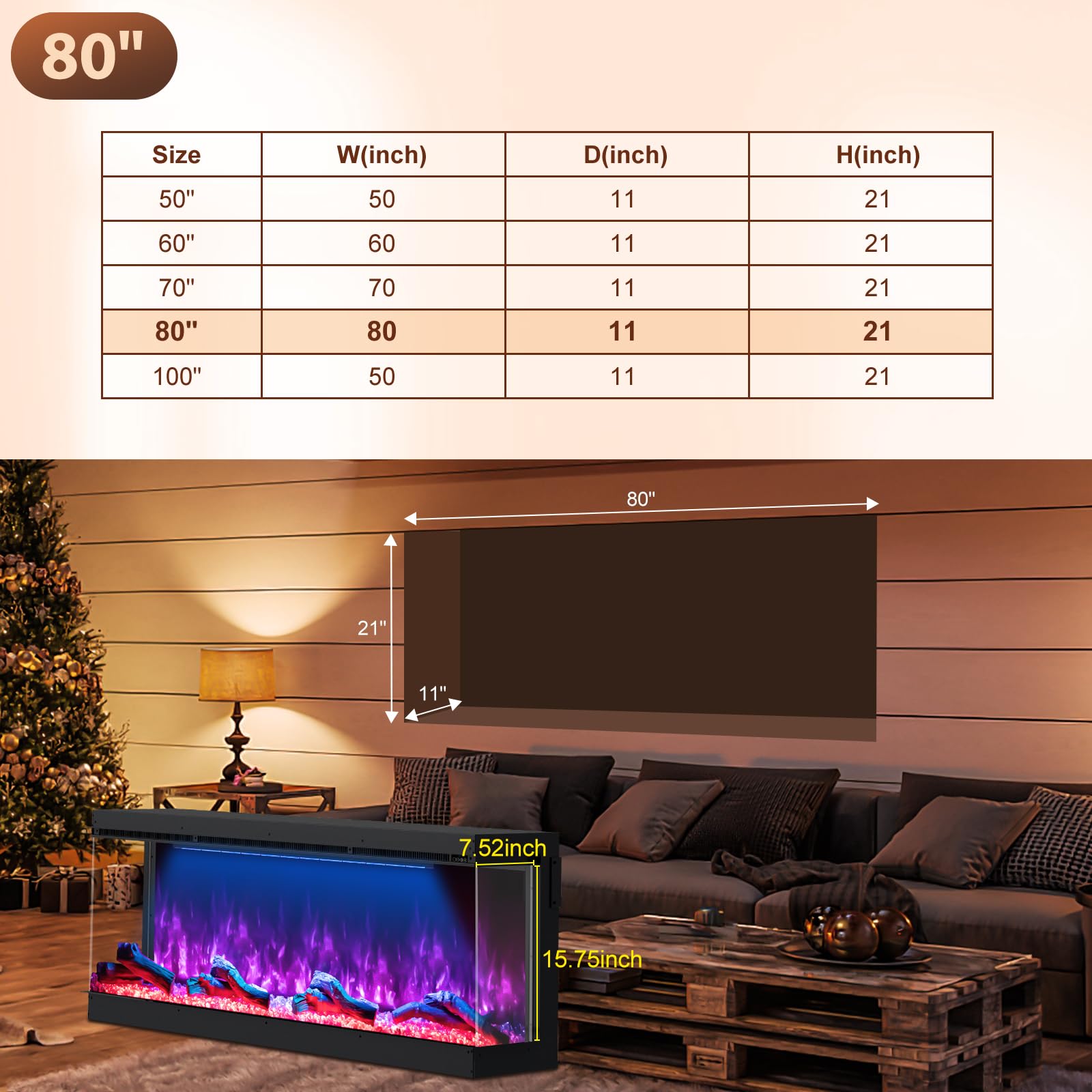 3 Sided Electric Fireplace, 80 inch Smart WiFi Fireplace Inserts for Bedroom, Wall Eletric Fire Place Heater with 251 RGB LED Flame, Remote Control, Log, Crystals