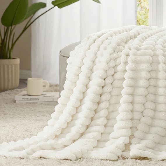 WAVVE Fluffy Blanket Fleece Throw For Sofa, Small Blanket, Cream White