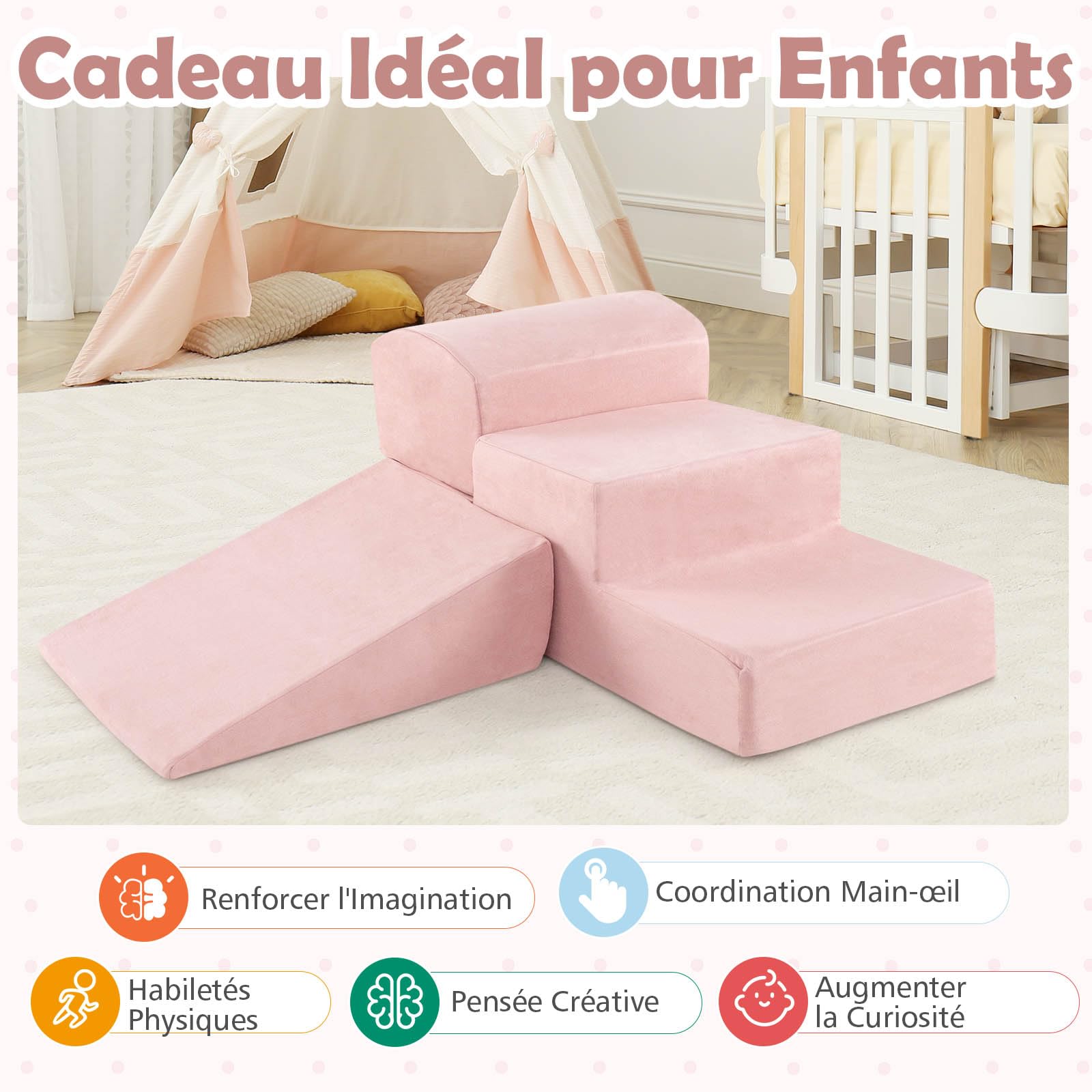 DREAMADE Parcours de motricité Bébé 5PCS avec Housse Lavable, Blocs de Construction avec Piscine à Balles, Module Motricité pour Enfant 3+ Ans, sans Balles (Rose)