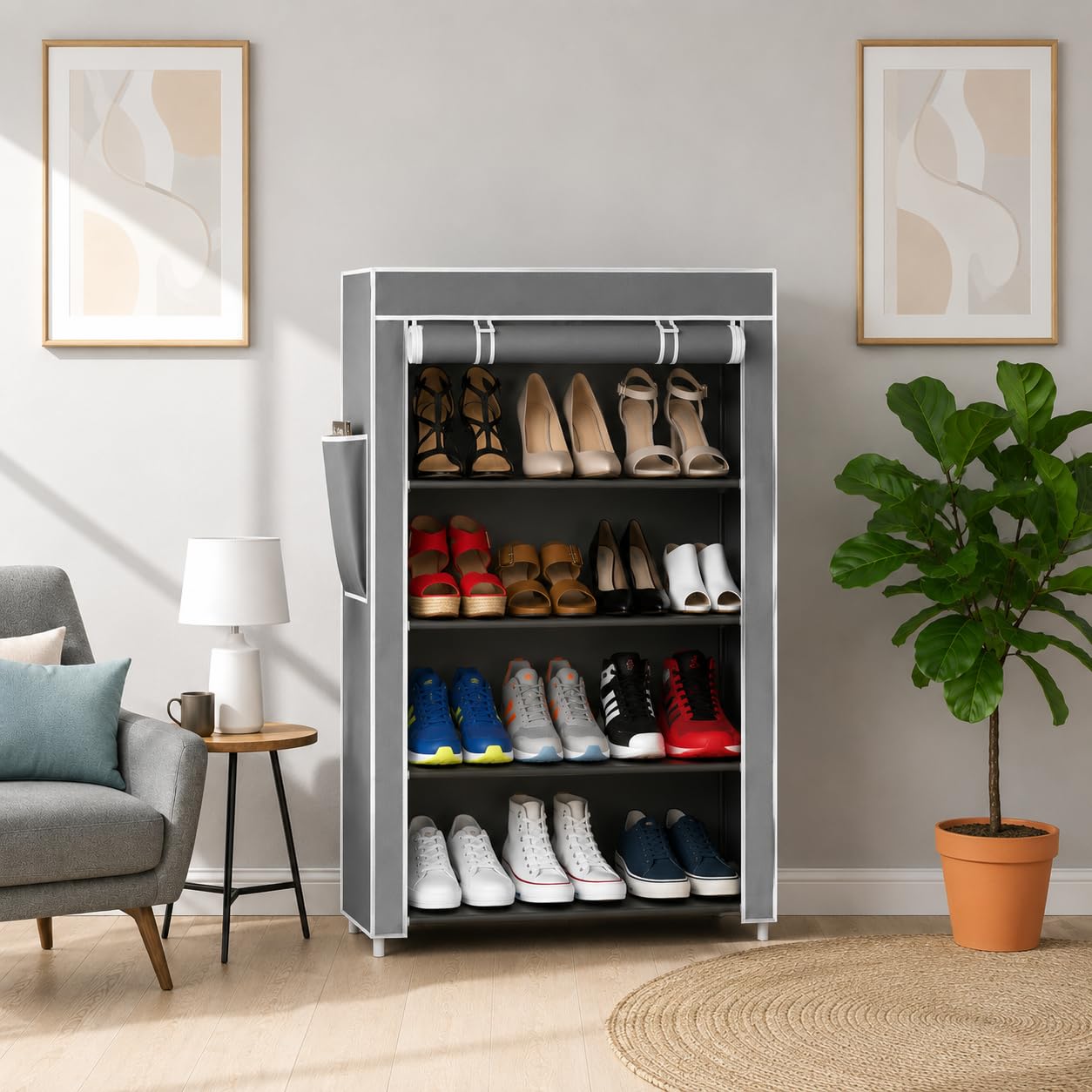 EASY BUY 4 Shelves Shoe Rack Plastic with Zip Door Cover & Side Pockets, Multiuse Storage Rack for Footwear, Toys, Clothes with Dustproof Cover 4 Shelves Grey-image-31