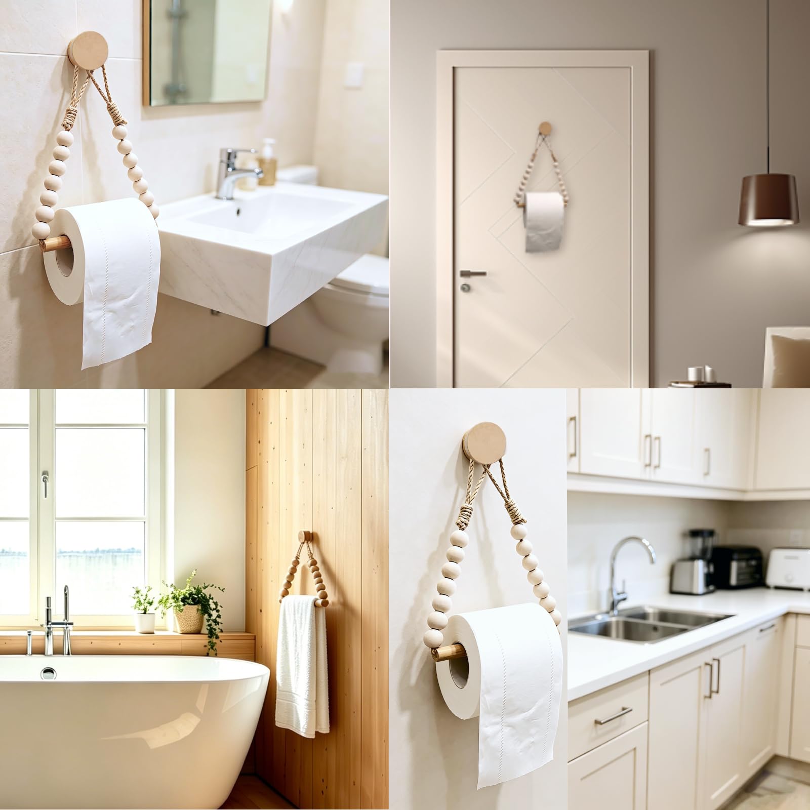 Bathroom Toilet Paper Holder Wooden Bead Toilet Roll Holder Hanging Toilet Paper String Holder (Wood Color) — Amazon image 2