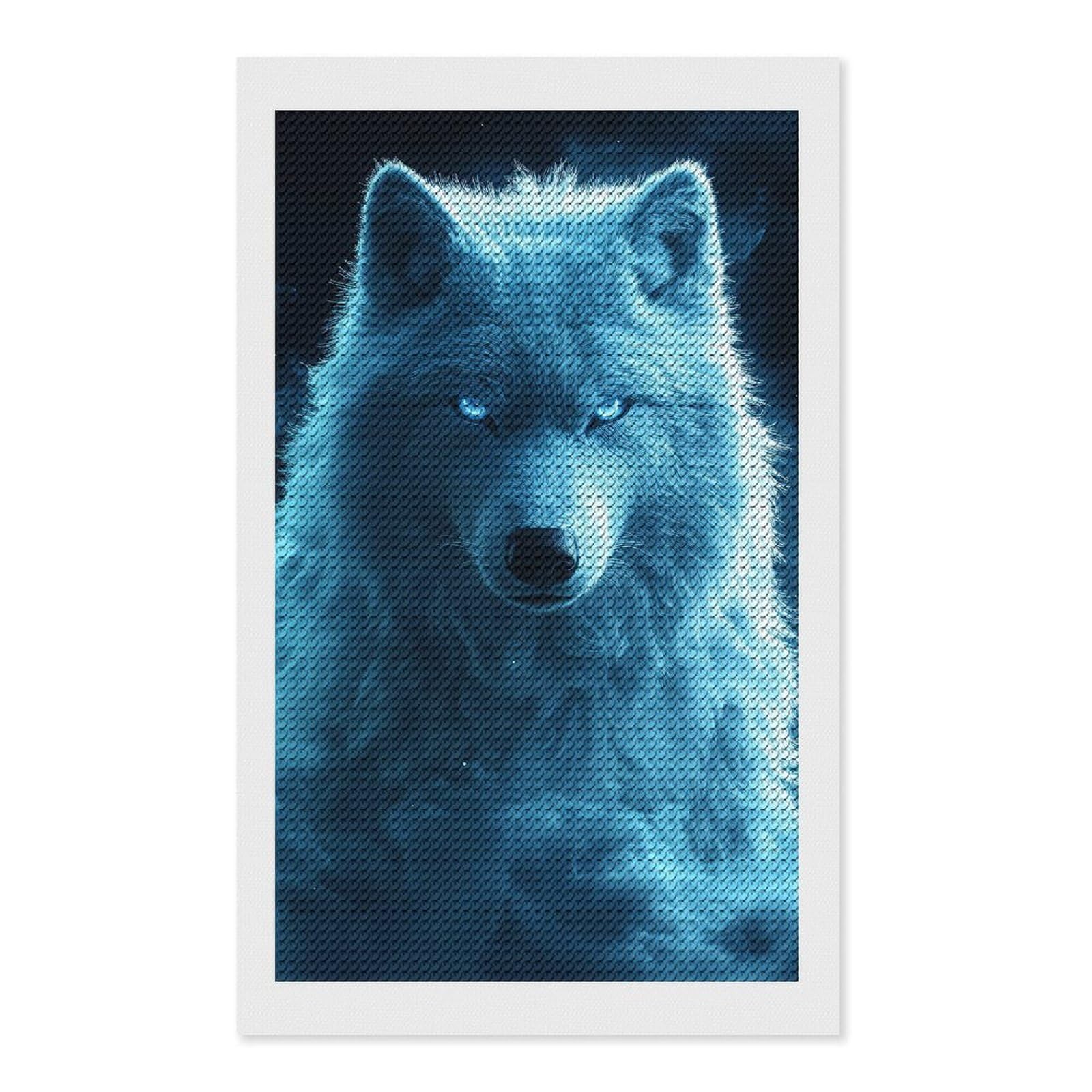 Junmoney Blue Wolf Portrait DIY Diamond Art Canvas Kit 12"x20", Adhesive Canvas, Easy to Enjoy, Farmhouse Decor, Festive Craft Gift