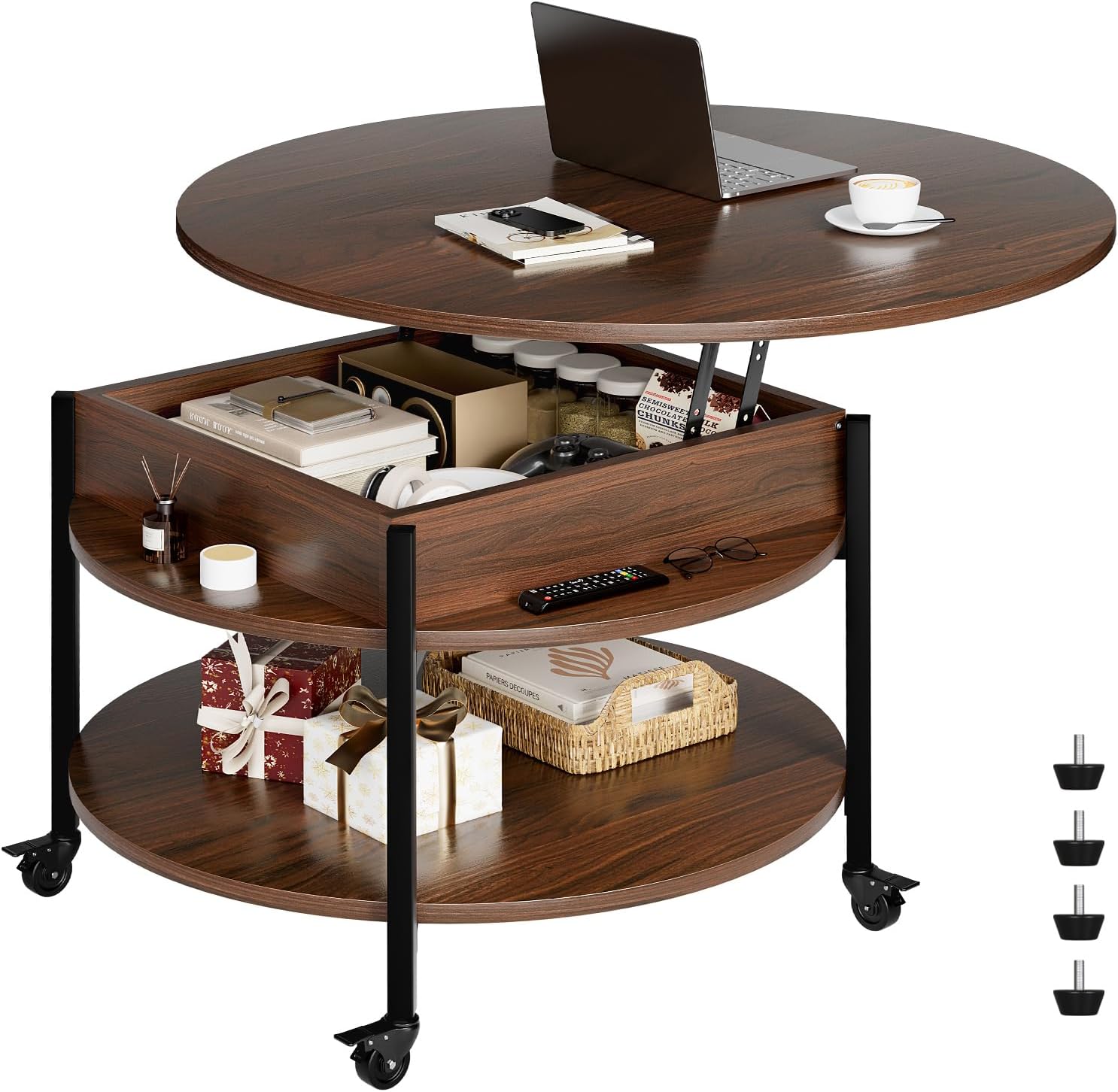 FABATO Round Lift Top Coffee Table With Wheels, 26.77'' Rolling Center Table With Storage and Compartment for Living Room, 2 Tier Small Circle Dining Table, Espresso