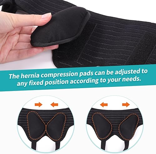 Miniatura 3 de Cinturón de hernia mejorado para hombres y mujeres, cinturón de soporte de hernia inguinal con 4 almohadillas de compresión médica extraíbles,