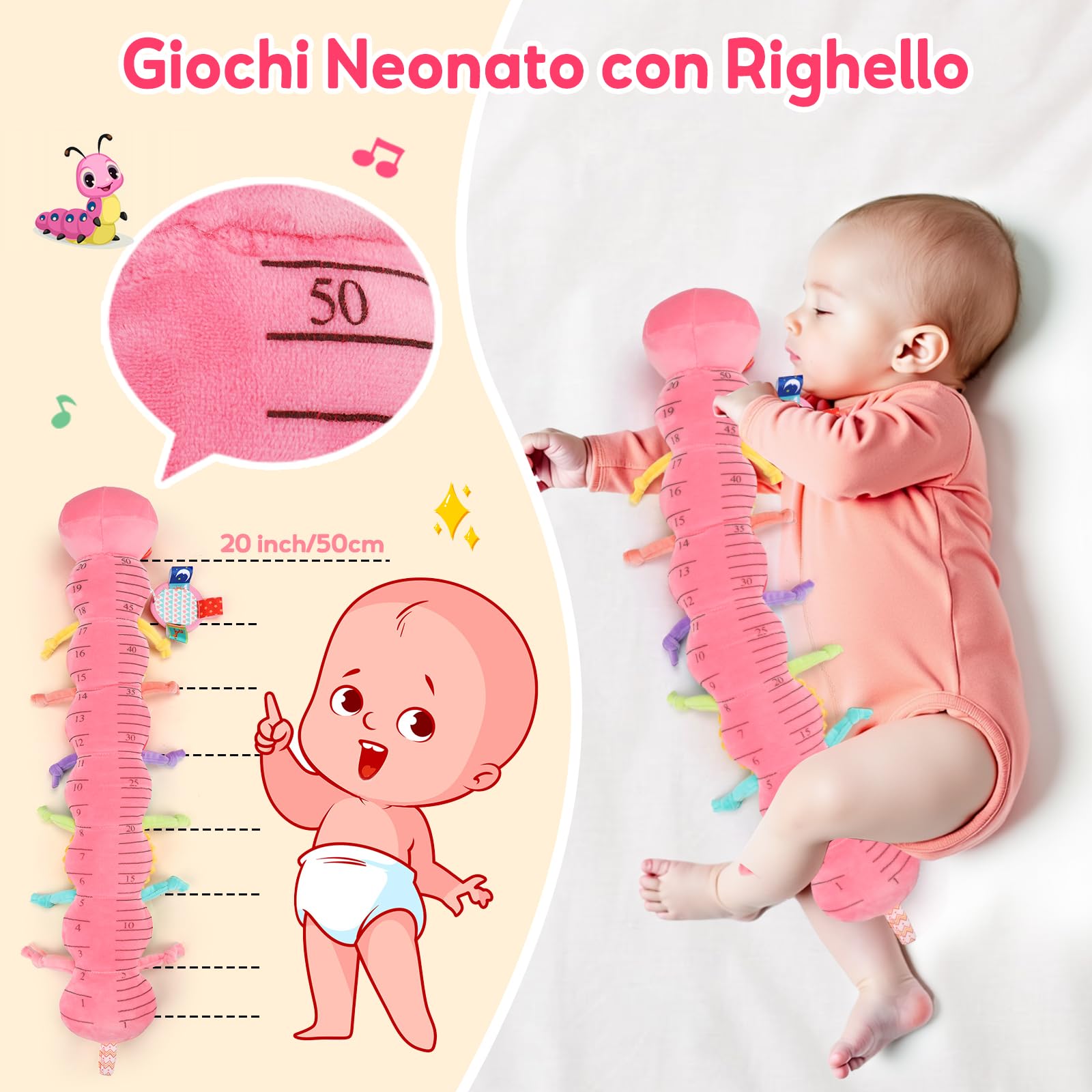 Giochi Neonato 0 3 6 9 Mesi, Giochi Montessori Sensoriali Musicali per Neonati 0-3-6 mesi, Peluche Tummy Time Regalo Neonato Maschio Neonata Femmina Giochi Nascita Bimba Bimbo (Rosa)