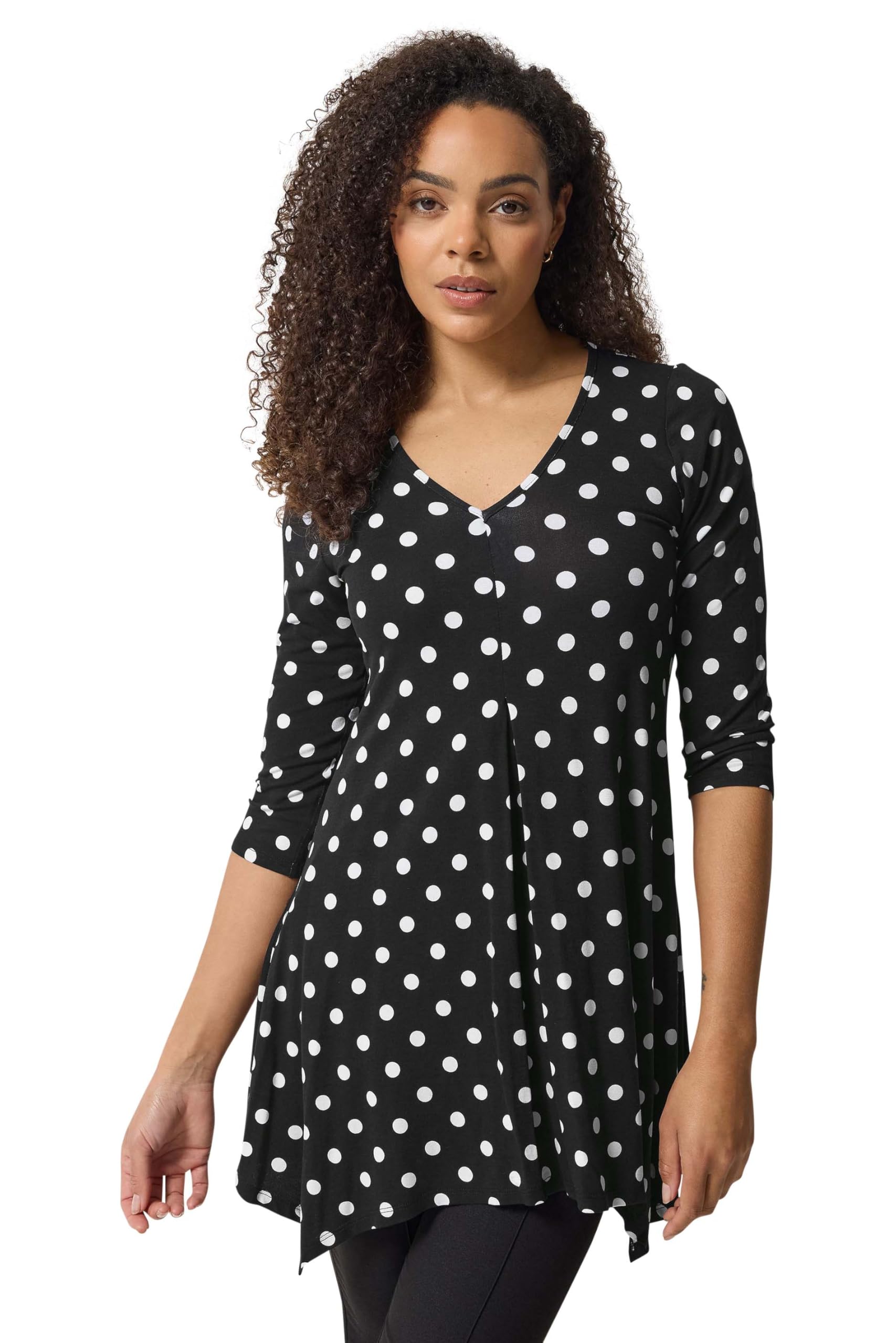 M&Co Women's Black Polka Dot Hanky Hem Top In | : Size 16
