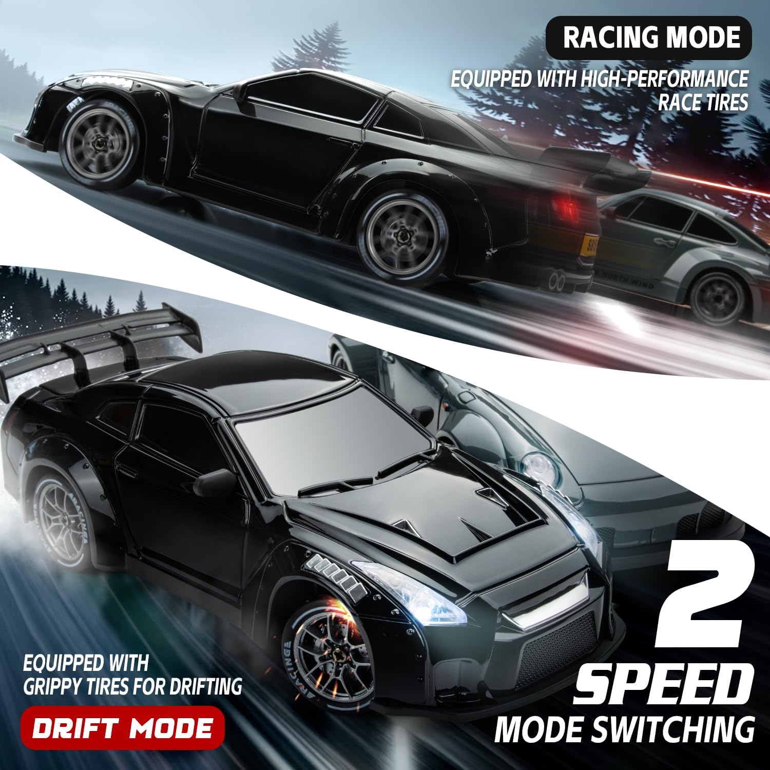 RC Drift Car, 1:24 Scale Remote Control Vehicle with LED Lights, 2.4GHz 20KM/H 4WD High Speed RC Cars, Drifting Tires＆Two Batteries, Racing Sports Toy Idea Gift for Adults Boys Girls and Kids (Black)