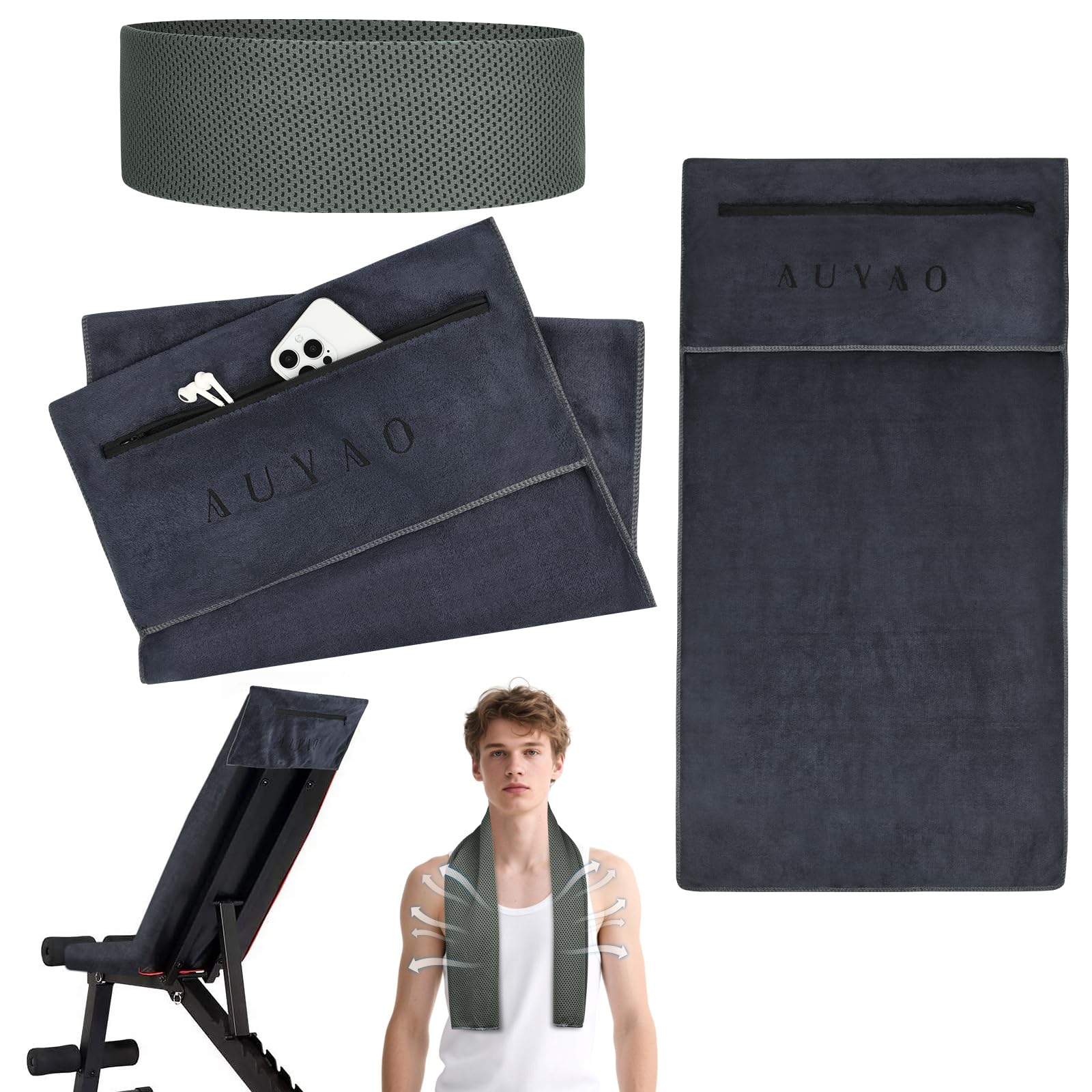AUYAO Gym Towel Sports Fitness Towel Gym Sweat Towel with Zip Pocket 40 x 90cm Sunlounger Towel with Cold Feeling Absorbent Towels Sports Towel with Non-Slip Cover for Camping Yoga Training Outdoor โ image 1