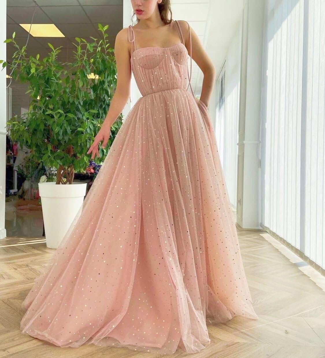 Smileven Women's Sparkle Starry Tulle Prom Dresses Sweetheart Neckline Sleeveless Formal Evening Party Gowns