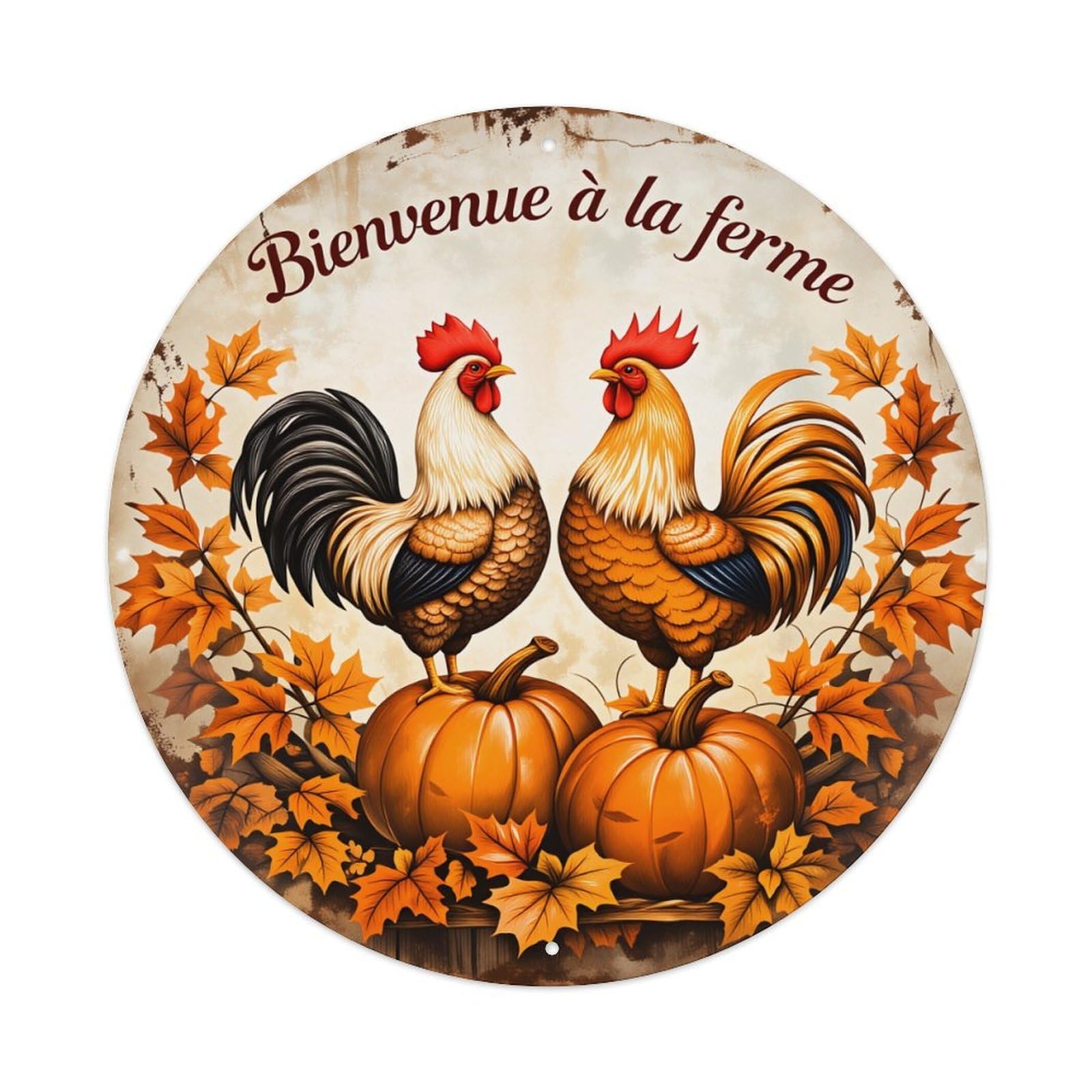 Rooster Pumpkin Autumn Leaves Farm Welcome Sign Round Vintage Tin Sign,Retro Wall Art,Metal Poster for Home, Bar, Garage, Cafe, Rustic Indoor & Outdoor Decor, 8x8 Inches