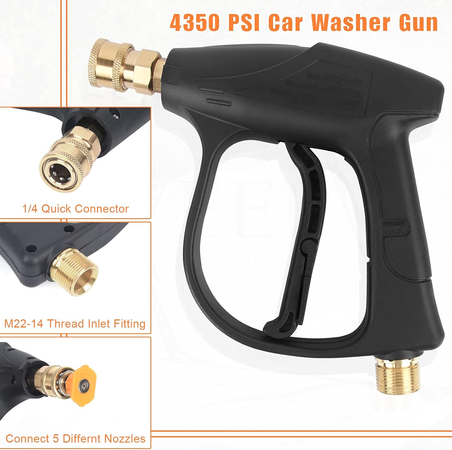 High Pressure Washer Gun with Black Safety Lock, Water Pressure Washer Gun Has Maximum 4350 PSI, with 5 Color Quick Connect Nozzles M22 : Patio, Lawn & Garden