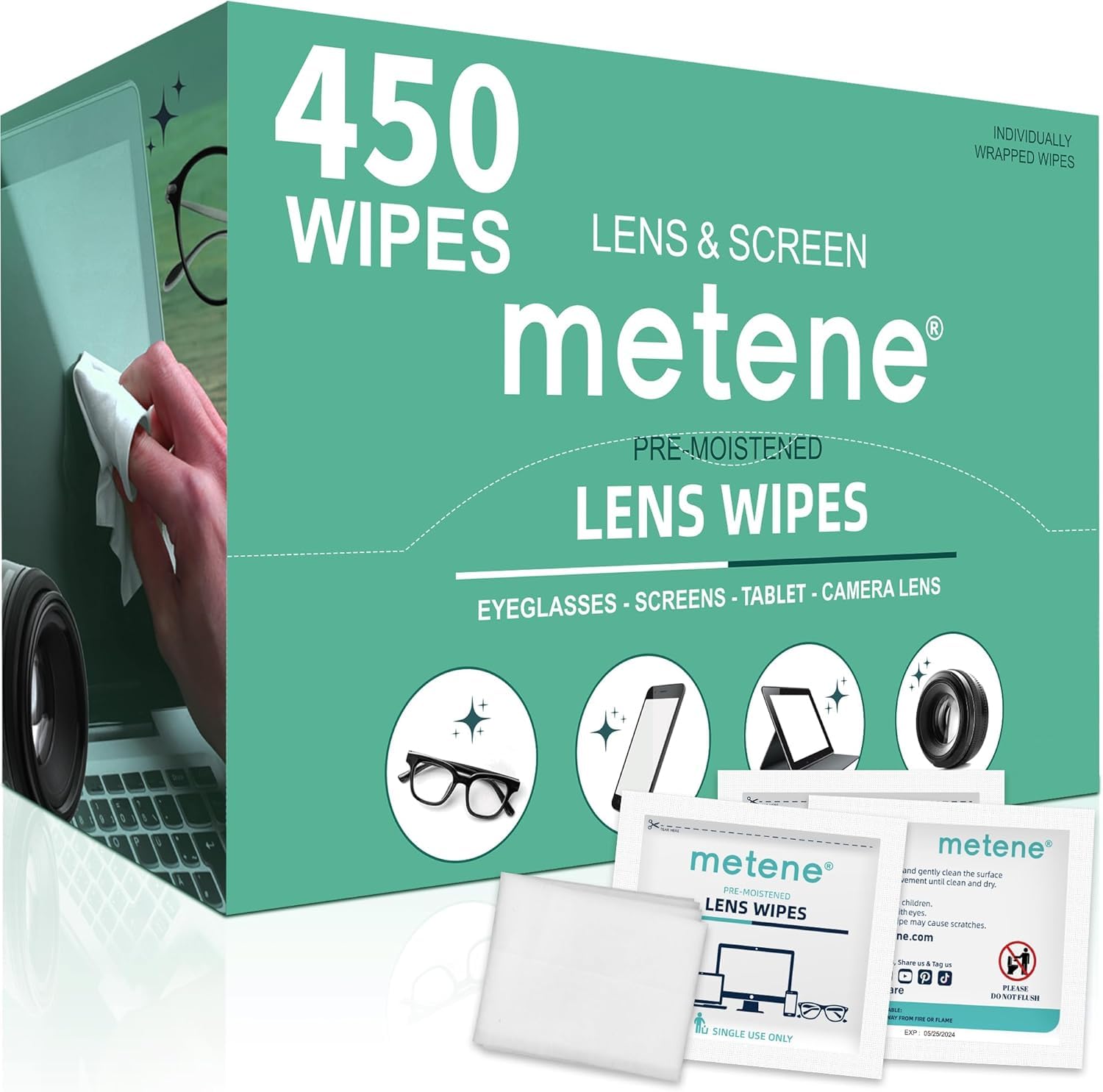 Metene 450 Pack Lens Cleaning Wipes, Pre-Moistened and Individually Wrapped Eyeglass Wipes, Glasses Cleaner for Eyeglasses, Camera Lens, Tablets, Phone, Computer Screen and Other Delicate Surfaces