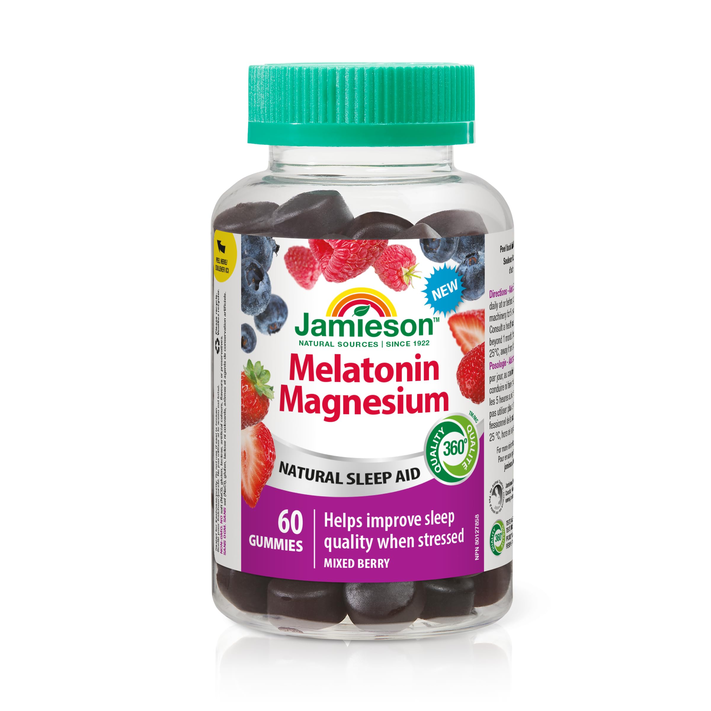 Jamieson Melatonin Magnesium Gummies Natural Mixed Berry Flavour, with Chamomile, Passionflower, and Tart Cherry, Helps Improve Sleep Quality when Stressed, and Supports Normal Muscle Function. Vegetarian, Non-GMO, Gluten-Free, 60 Count, Proudly Canadian