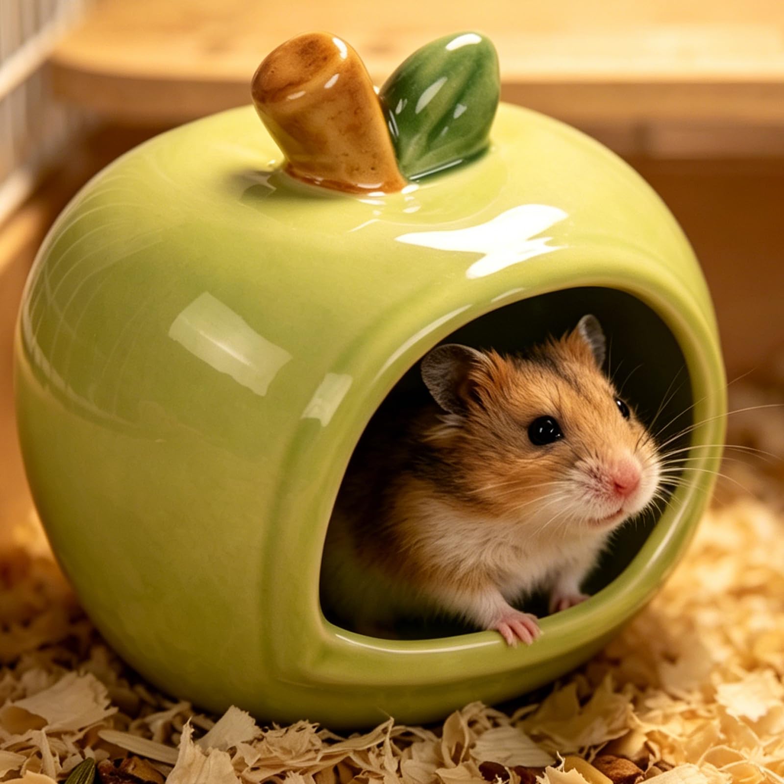 Nascondiglio in ceramica per criceti, non tossico, piccolo habitat a forma di mela, resistente alla masticazione, rifugio smaltato per criceti nani, gerbilli, orsi d'oro (verde)