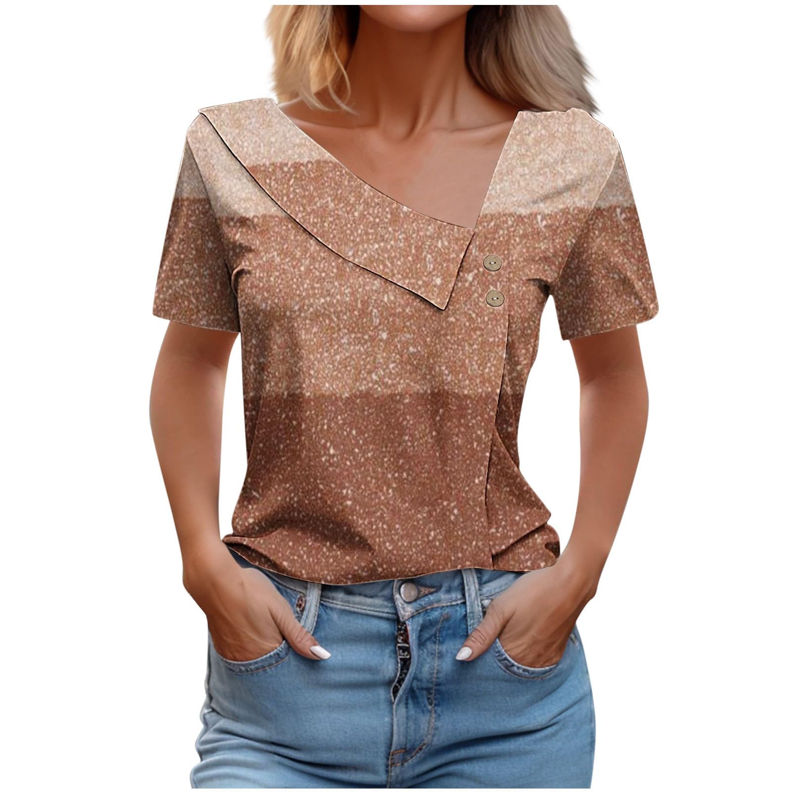 HAOLEI Camisetas Manga Corta Mujer,Camisetas Mujer Verano de Cuello en V con Botones Moda Casual Camisa de Rayas Estampado Moda Multicolor Basica Versátil Camisetas para Primavera Verano