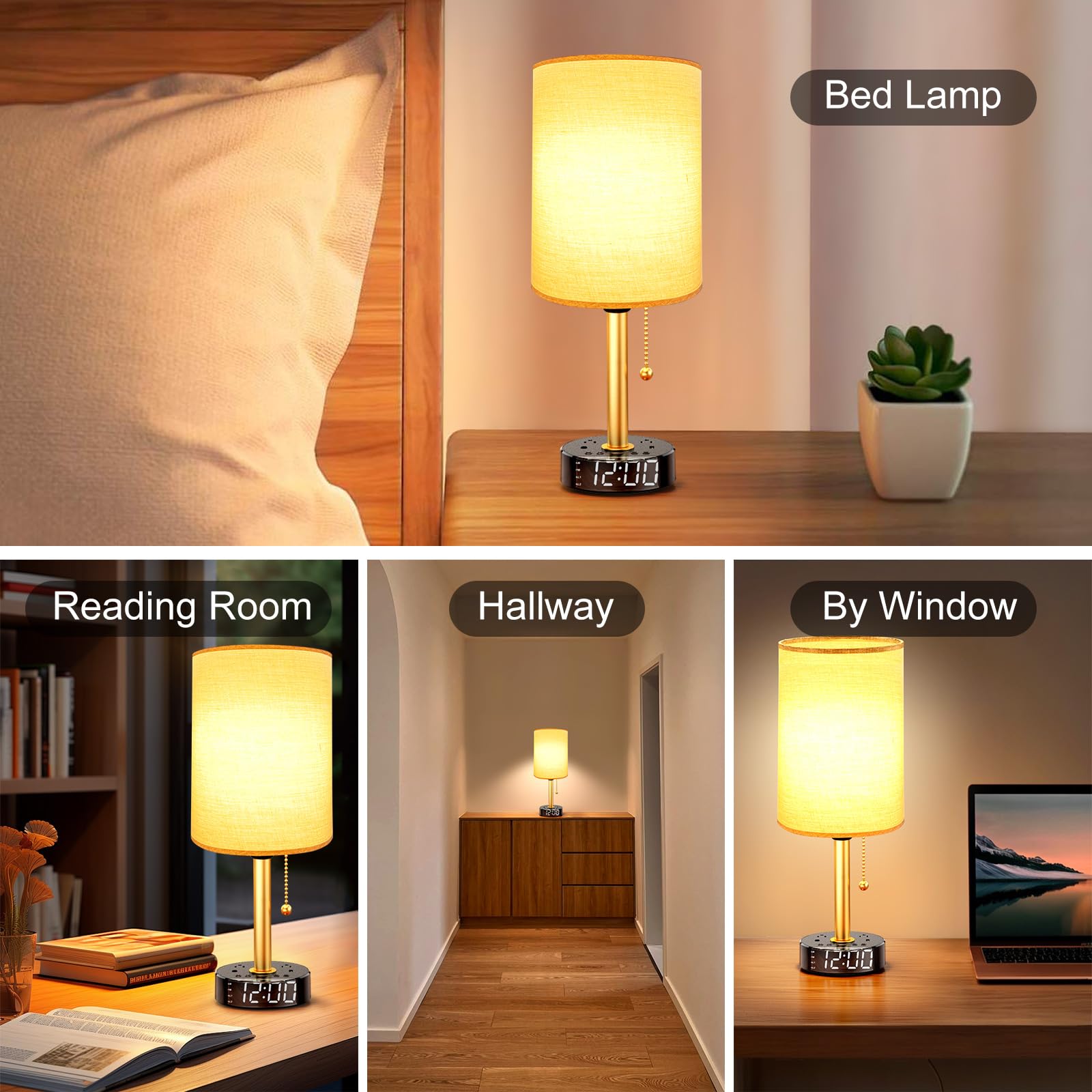 Lampada da comodino per camera da letto, lampada da tavolo con porte USB A e USB C di ricarica rapida e 2 prese di alimentazione CA, base sveglia, paralume rotondo in tessuto nero, lampada da comodino