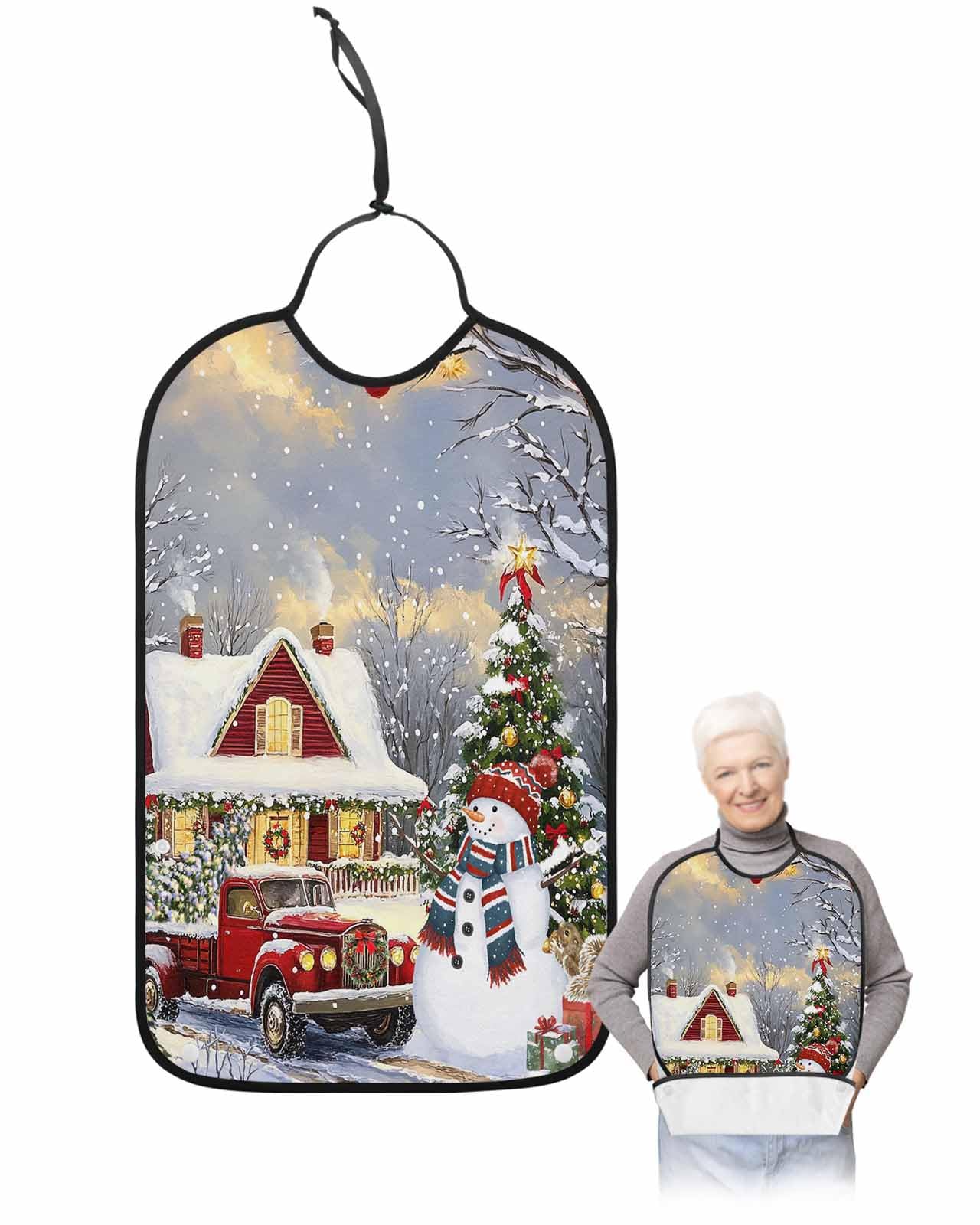Christmas Adult Bibs for Eating, Farmhouse Truck Snow Xmas Tree Snowman Washable Elderly Adult Bibs for Men Women Large Reusable Adjustable Clothing Protector with Optional Crumb Catcher
