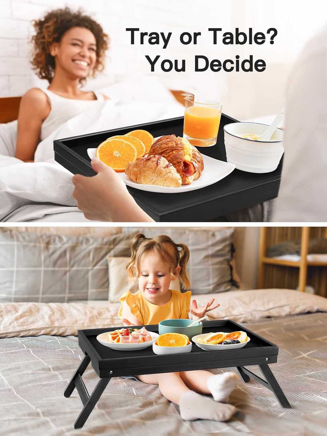 Pipishell Plateau de lit avec pieds pliables en bois pour servir le petit déjeuner au lit ou utiliser comme plateau Noir