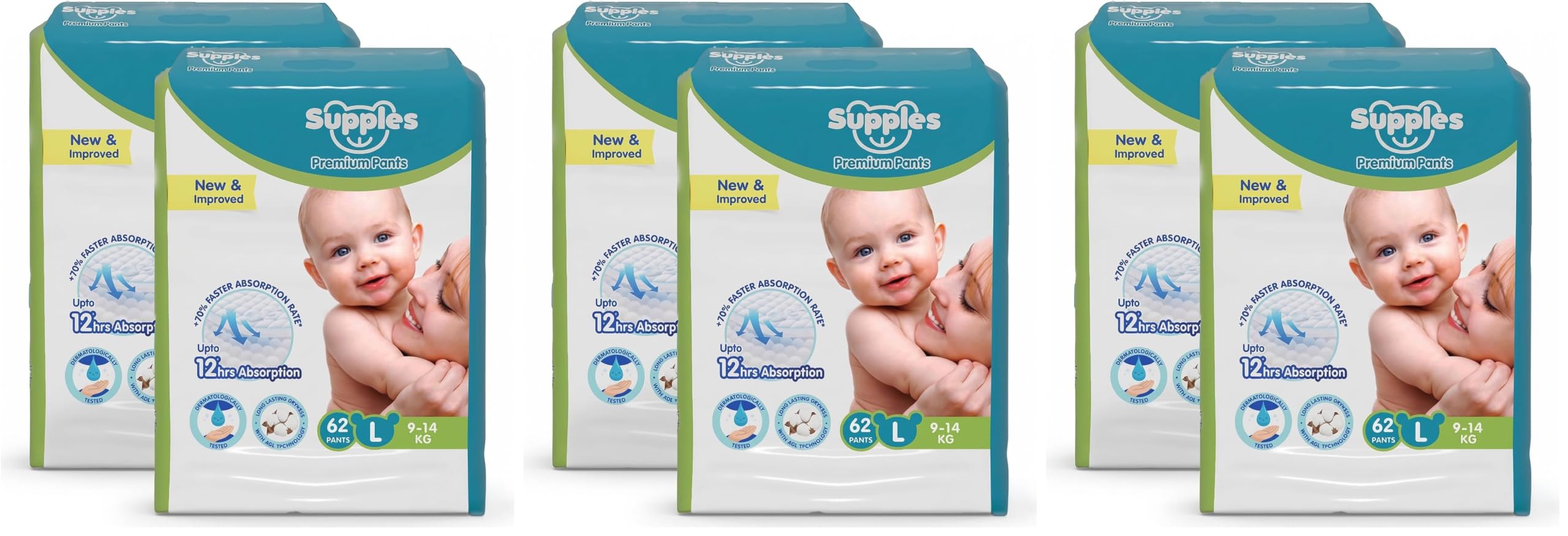 Amazon Brand - Supples Premium Baby Diaper Pants | 124 Baby Diapers | Large | 9-14 Kg | 12 Hrs Absorption | Cushiony Cotton Soft Fabric | Phthalates-Free | Triple Leak Guard | 62 Count, Pack of 6-image-26