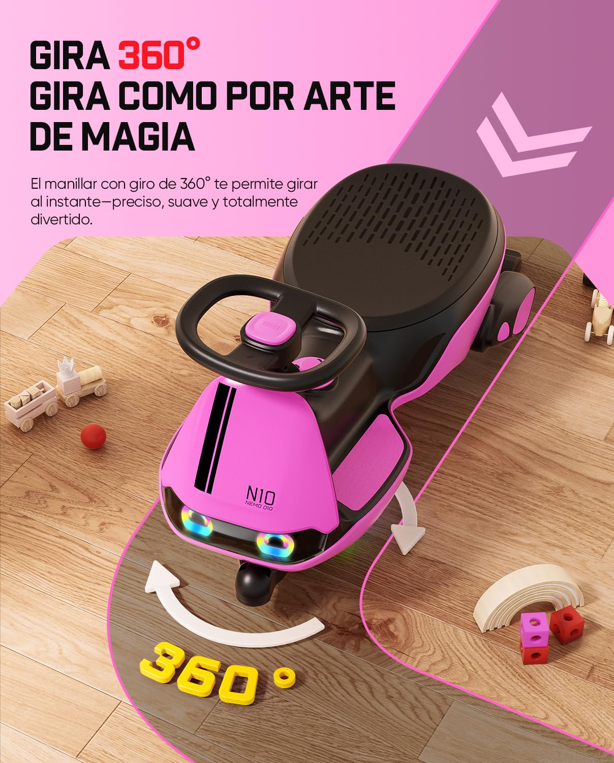 FanttikRide N10 Classic Coche Eléctrico para Niños con Mopa Desmontable, Pedal, Carga Tipo C, GlideWiz, Antivuelco, Ruedas Luminosas y Bluetooth | para Edades de 3+, Carga Máxima 68 KG,Rojo