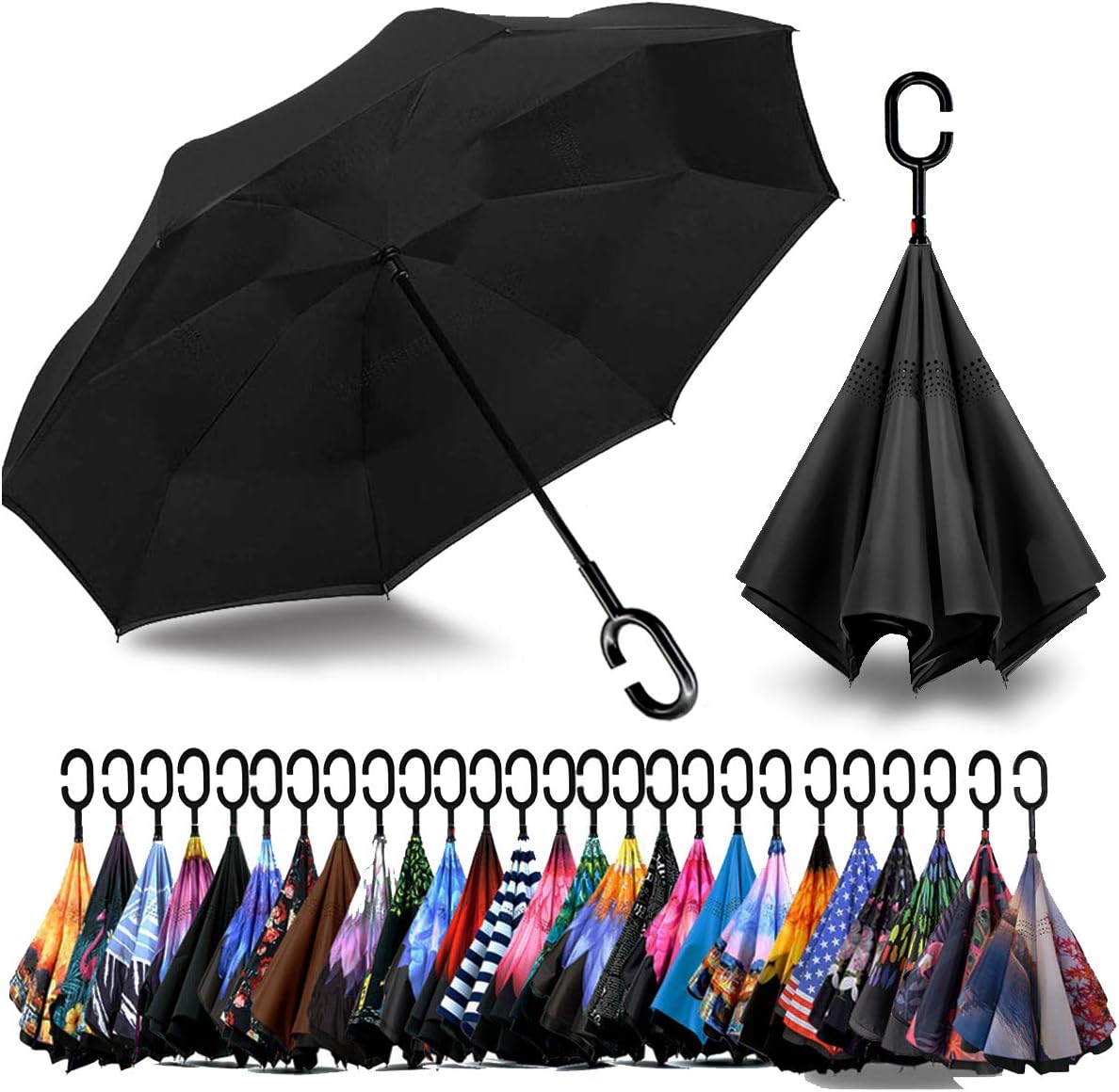 49/56 Inch Inverted Reverse Upside Down Umbrella, Extra Large Double Canopy Vented Windproof Waterproof Stick Golf Umbrellas with C-shape Handle.