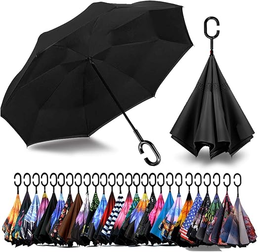 SIEPASA 49/56 Inch Inverted Reverse Upside Down Umbrella, Extra Large Double Canopy Vented Windproof Waterproof Stick Golf Umbrellas with C-shape Handle.