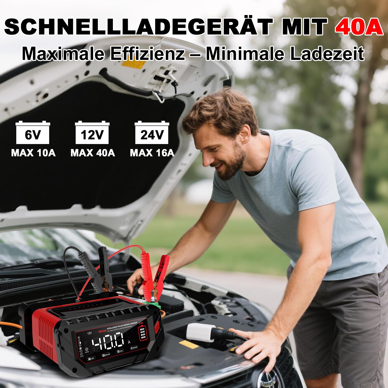 40A Autobatterie Ladegerät, 6V/12V/24V LiFePO4 Ladegerät, Batterieladegerät KFZ für Auto, Motorrad, Rasenmäher, Boot, Lithium, LiFePO4 und Blei-Säure(AGM, Gel, MF, EFB, SLA, VRLA, Wet)