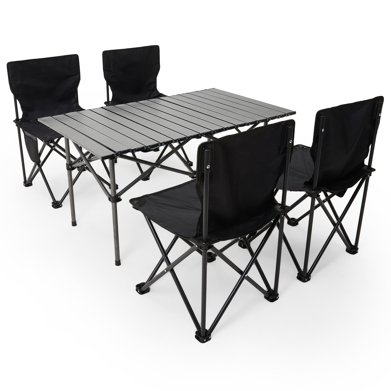 Warmiehomy Camping Table and Chairs Folding Picnic Table and Chair Set Aluminium Portable Rolling Tables 4 Chairs with Carry Bag for Picnic Camping BBQ,Black