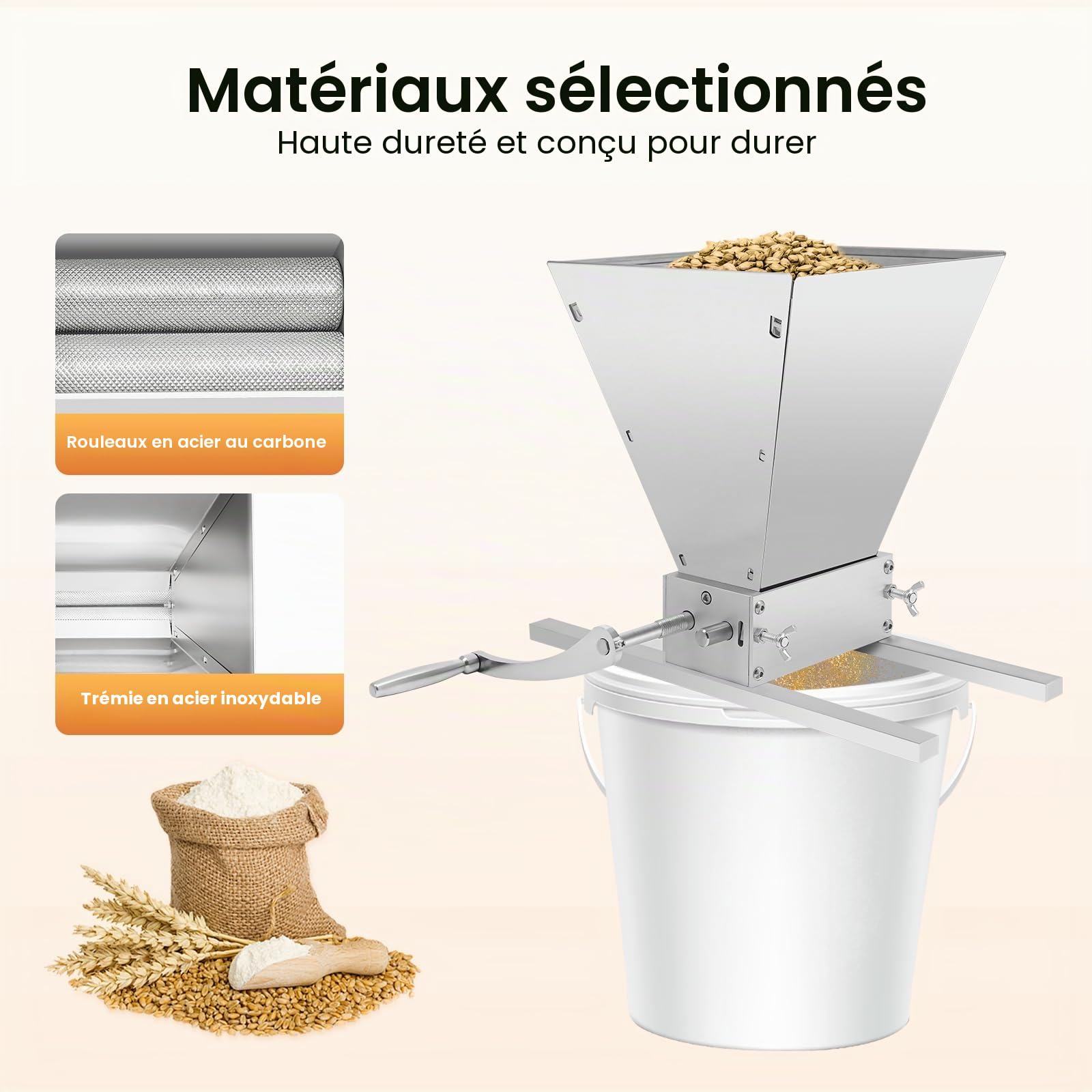 4L Moulin Manuel à Céréales, Concasseur de Céréales, Moulin à Malt, Moulin à Fourrage, Moulin à Grains en Acier Inoxydable Réglable, Moulin à Maïs, Moulin à Égrener, avec Poignée à Manivelle, pour