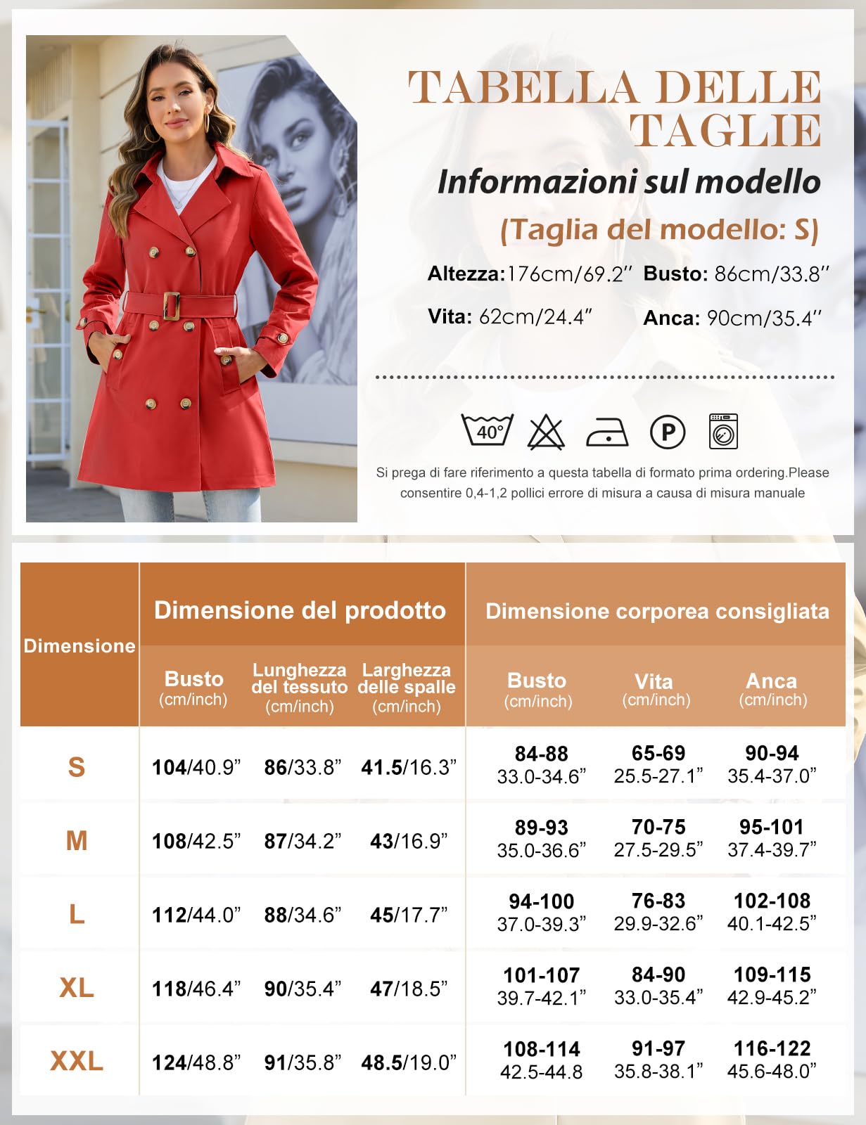 Tuopuda Trench da Donna a Doppiopetto Cappotto Lungo Giacca Leggero Classico Trench Impermeabile Antivento Trenchoat per la Primavera e L'autunno