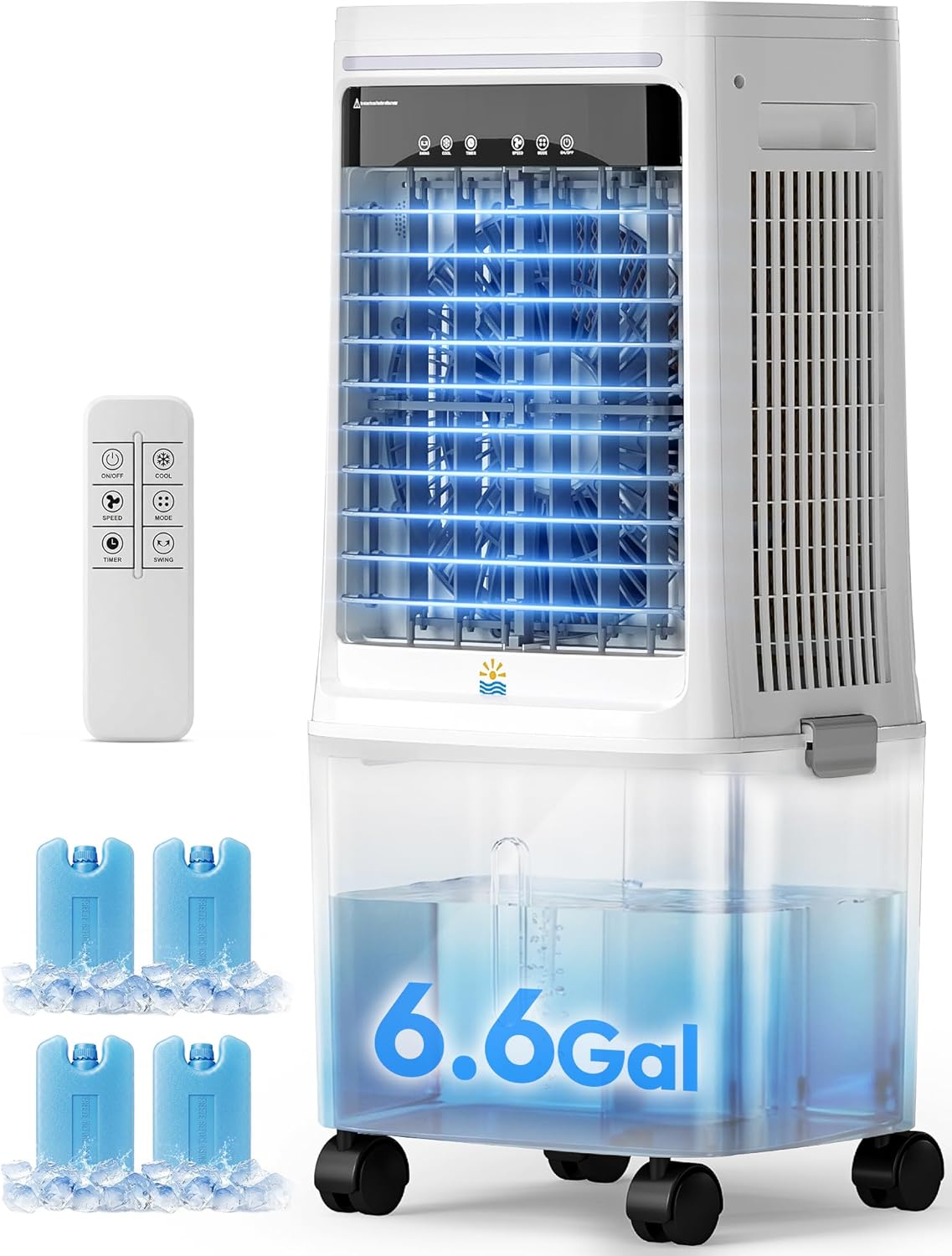 3-in-1 Portable Evaporative Air Cooler - 2000 CFM Swamp Cooler with Remote Control, 6.6-Gal Dual Tank, 4 Ice Packs, 12H Timer, 2 Modes 3 Speeds, Oscillating Cooling Fan for Large Room, Outdoor
