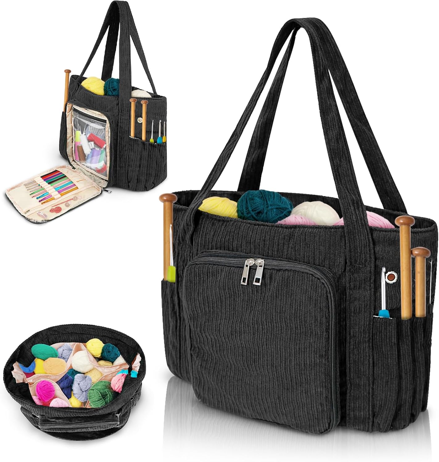 Large corduroy crochet tote and yarn bag for crocheters