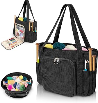 ORKELS Large Corduroy Crochet Tote & Yarn Bag Portable Organizer for Yarn, Hooks & Accessories Ideal Gift for Crocheters, Black