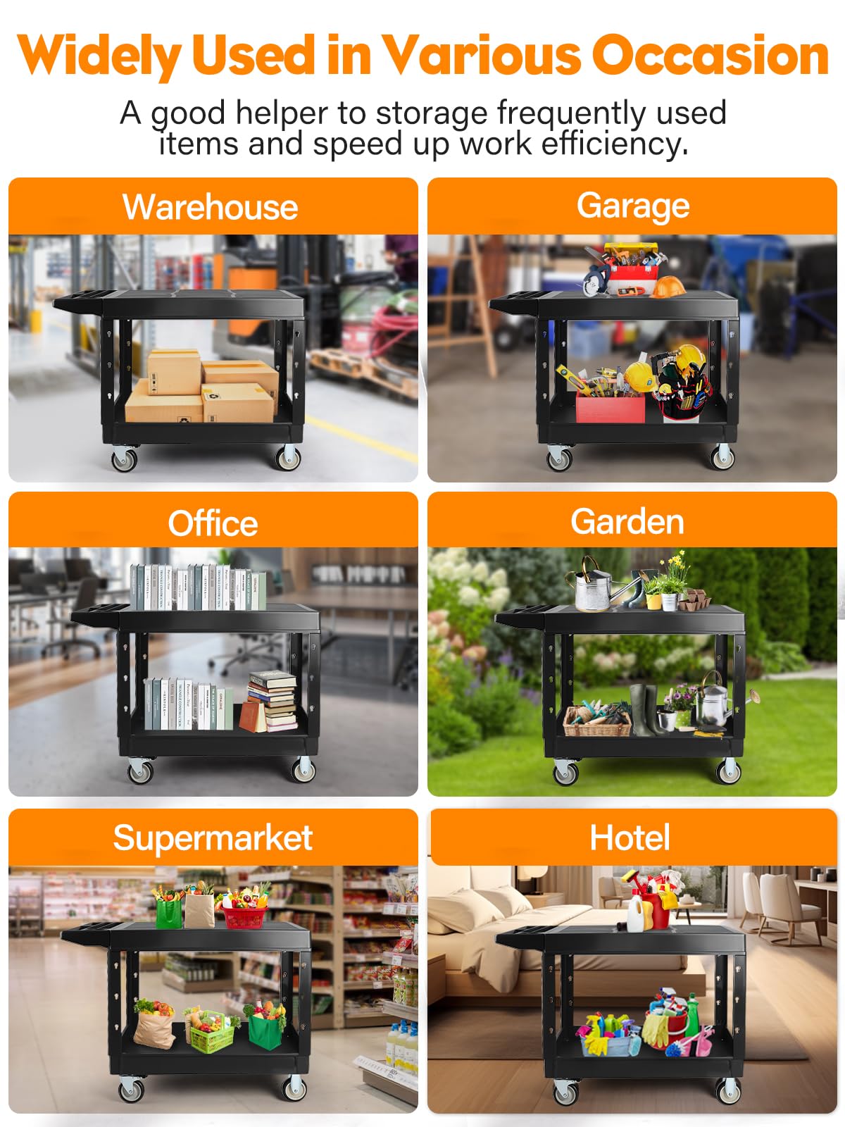 Kalolary 600 Livres 2 Niveaux Chariot Utilitaire Robuste sur roulettes | Capacité Supplémentaire Grand Chariot Service Polyvalent Avec Poignée Organisateur Rangement Chariot Outils Mobile Entrepôt