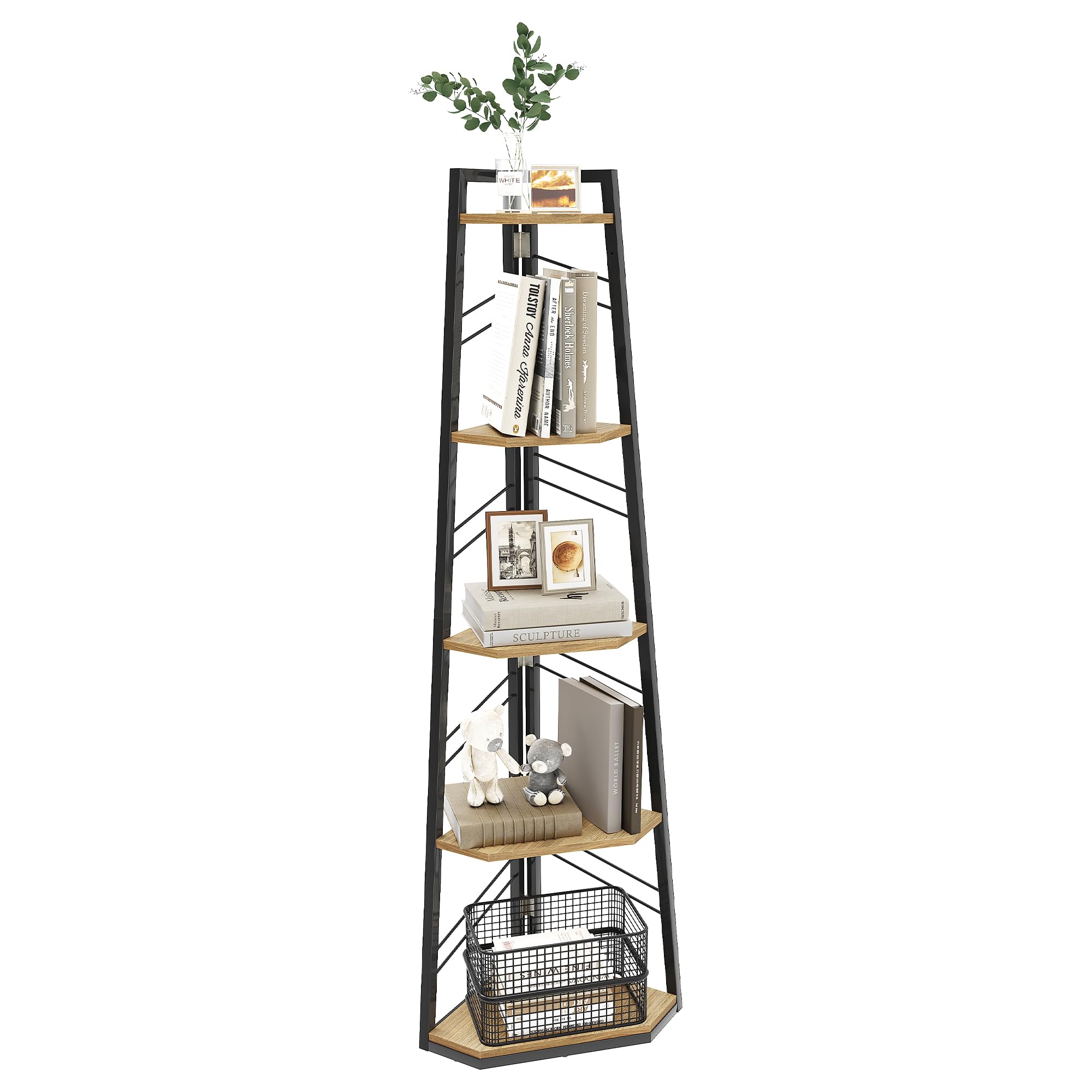 YITAHOME Estantería de estilo industrial con 5 niveles, estantería esquinera moderna e independiente, estante abierto para sala de estar, pasillo, oficina en casa, estante rústico color roble