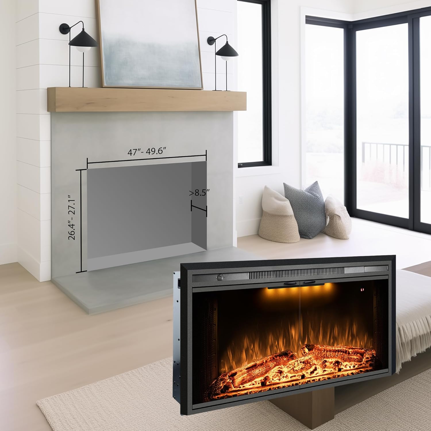 benrocks 50'' electric fireplace inserts with glass door, recessed wall electric fireplace heater with fire crackling sound, adjustable top light & flame speed, overheating protection, 750/1500w black insert 50"w27"h