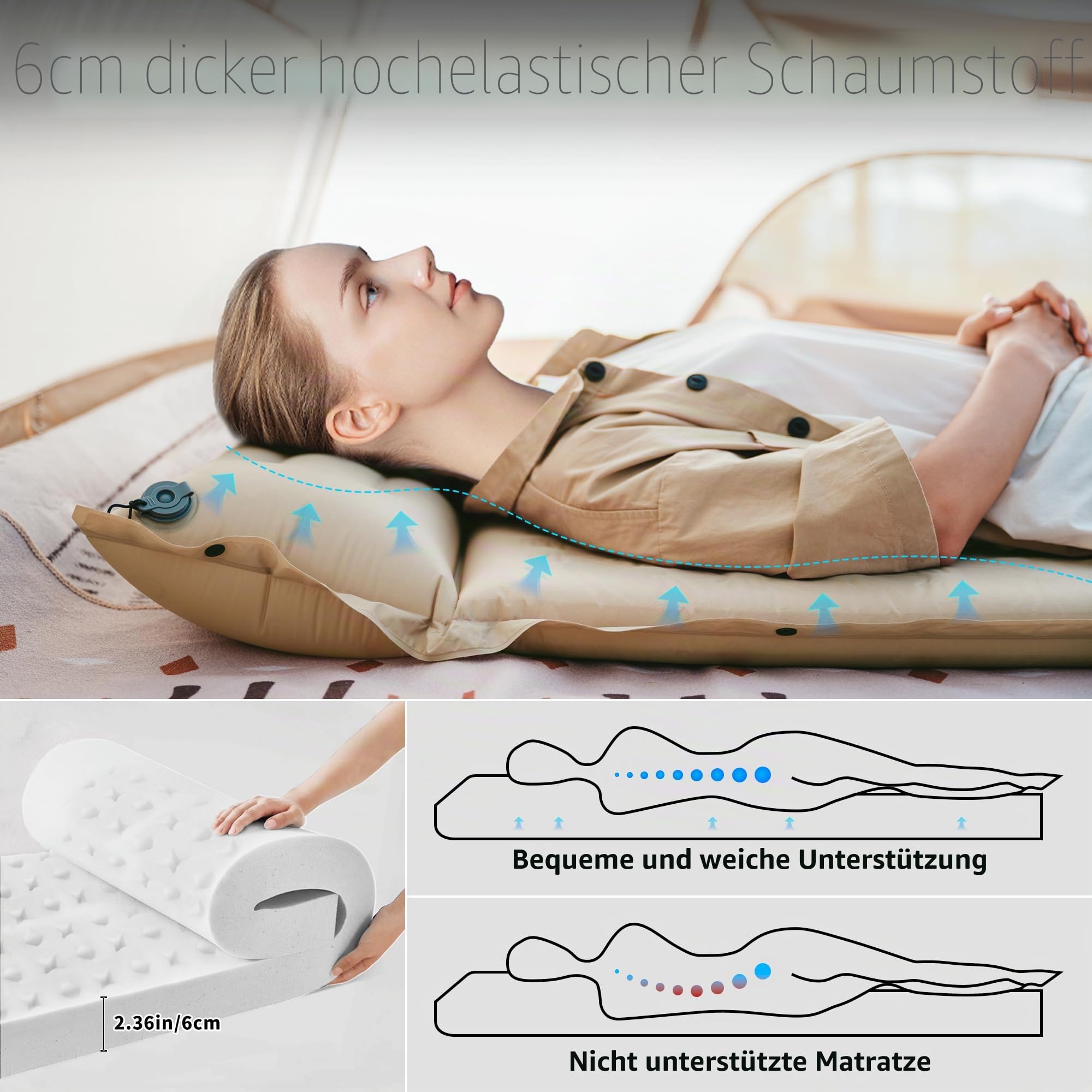 Naturehike Selbstaufblasende Luftmatratze mit Kopfkissen Leichte Camping Matte für Outdoor & Reisen, Selbst aufblasend und bequem