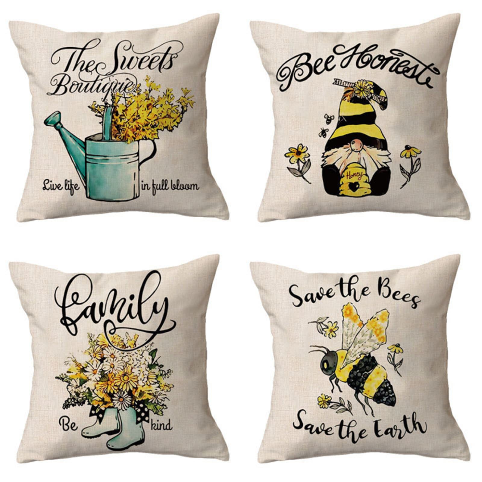 4 Pack Funda de Almohada Decoración Cuadrado Funda de Cojines Funda de Almohada de Navideñas Fundas para Cojines Cuadrado Lino Funda cojin para Sofá Cama Decoración para Hogar 65X65cm abeja ,Color4