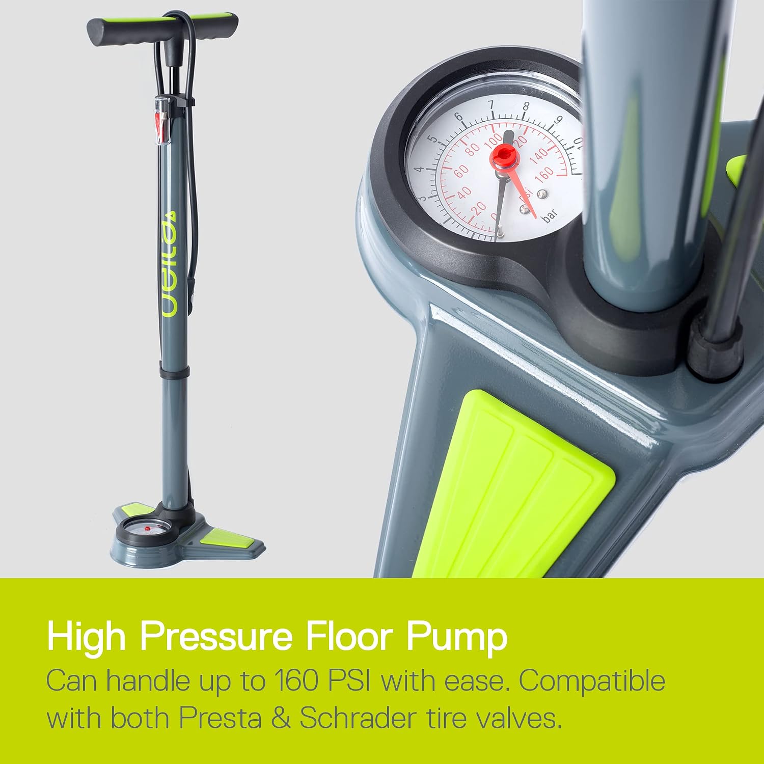Bike Pump with Gauge by Delta Cycle - Bike Tire Pump with Easy to Read Gauge Fits Schrader and Presta Valves - Compact Air Pump for Bicycles