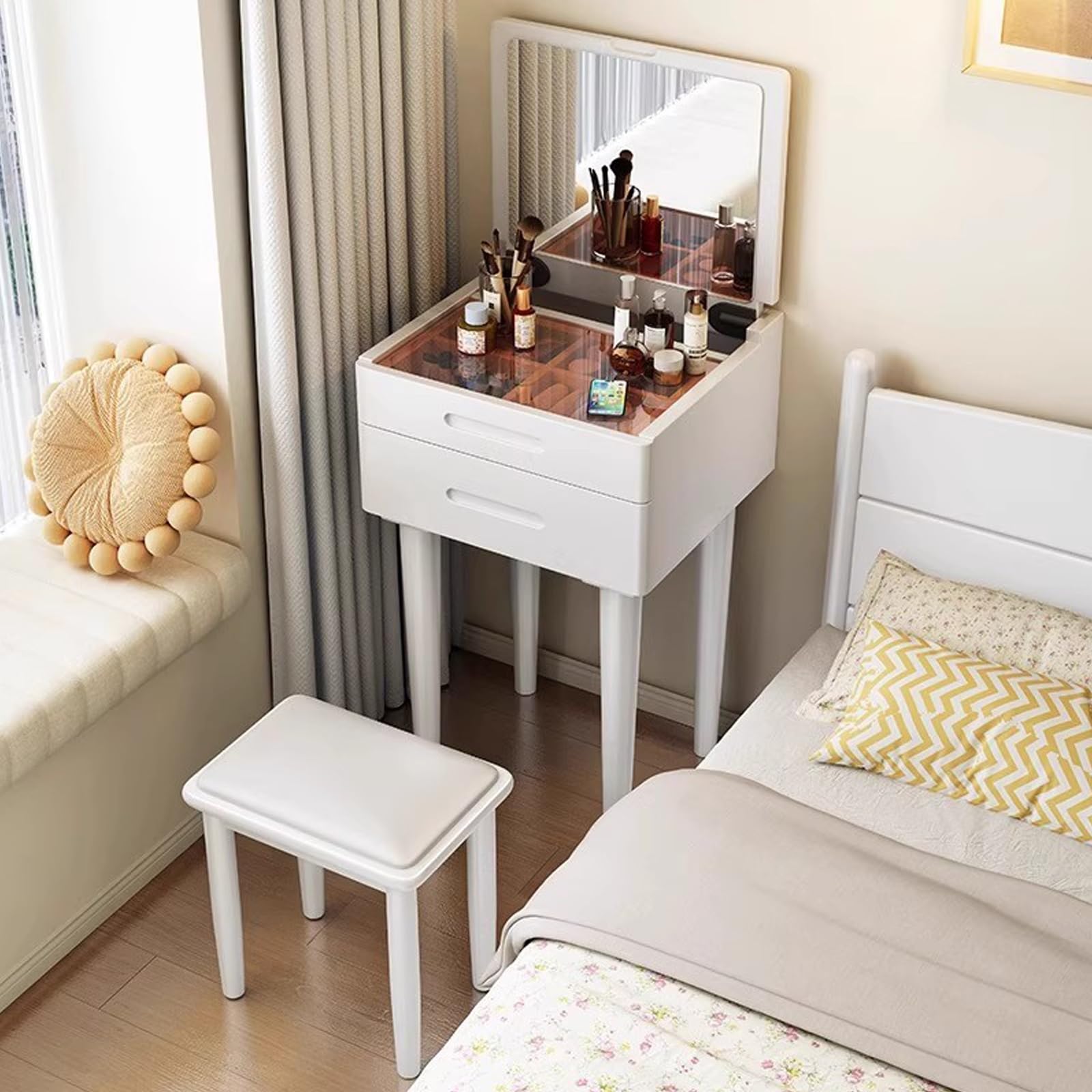 asdchZen Elegant White Cact Rubber Wood Vanity Desk With Flip Top Mirror-Compact 24" Makeup Table For Bedroom & Living Room Ideal For Small Spaces