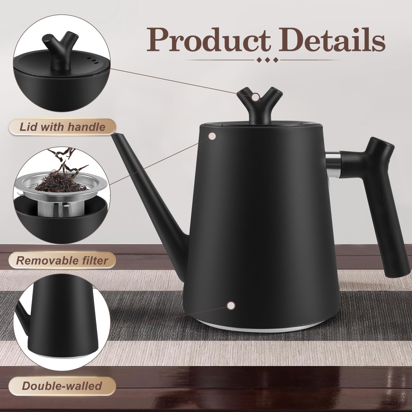 Teekanne mit Siebeinsatz 1,5 liter -Edelstahl Teekanne Doppelwandig Schwarz - Mit Filter für Tee & Kaffee - Tee Kanne 100% Tropffrei - Für alle Herdarten - Isolierkanne Tee Modern Design