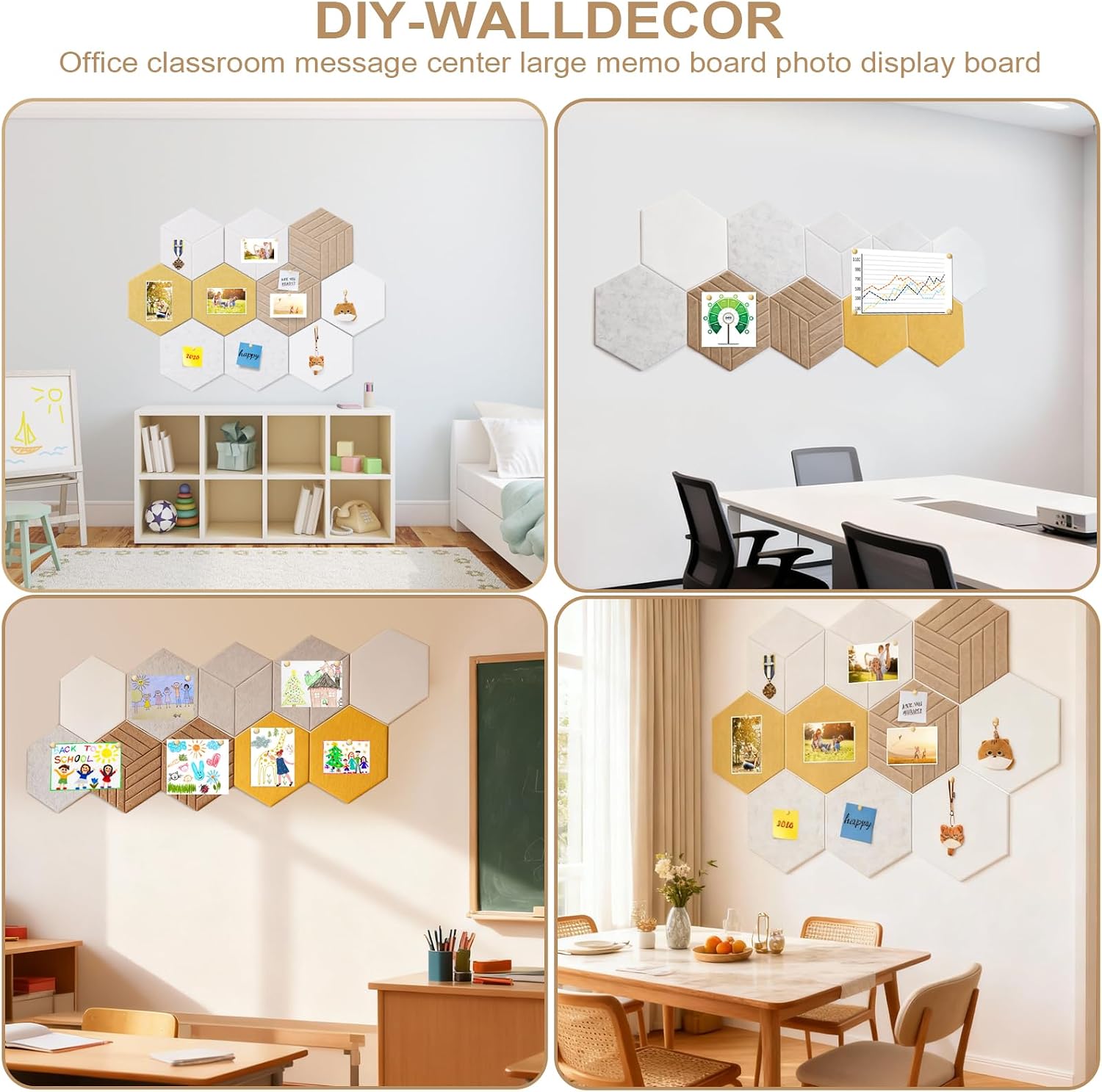 Hexagon Cork Boards for Walls, 10 Pack Bulletin Board for Office Wall Decor, 12'' Large Felt Cork Board Tiles Adhesive, Photo Tiles Notice Board with 30 Push Pins, for School Home Photo Memo Decor