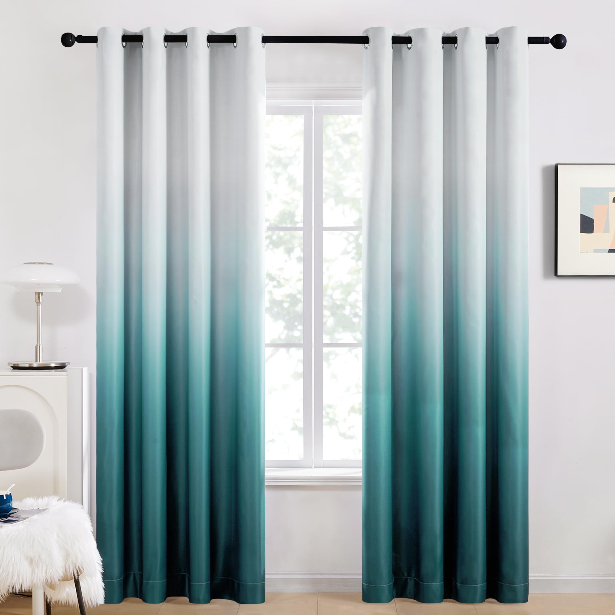 Deconovo Blackout Curtains for Bedroom, 2 Panels, 52W x 84L, Teal Gradient
