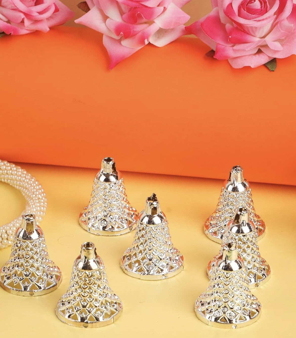 Little Blooms 50-pcs Silver Plastic Hanging Bells for Home Decoration - Small Bells for Decoration Hanging - DIY Craft Decoration Bell Set 1.75 Inch