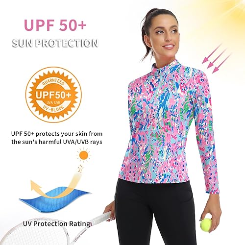 Miniatura 9 de WOWENY Camisetas deportivas de manga larga para mujer con cremallera de un cuarto cuello con estampado camiseta de tenis