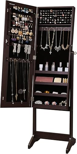 SONGMICS - Armario gabinete de joyería con espejo espejo grande de pie de cuerpo completo organizador de joyas con cerradura color marrón UJJC69BR